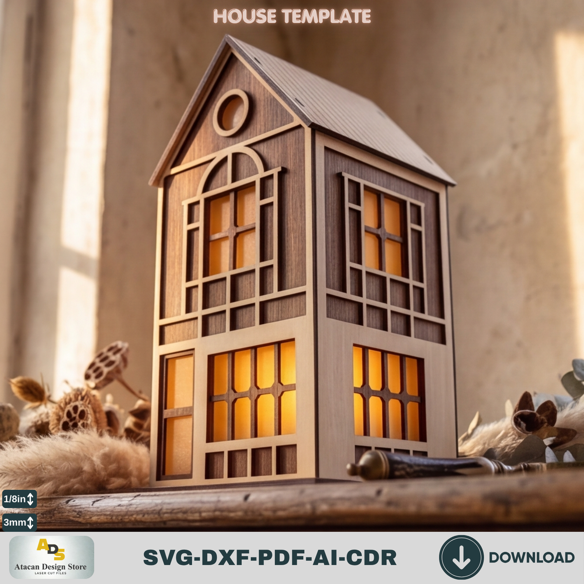 DIY Wooden House Luminary Template | Laser Cut Miniature Village | Table Lamp Design 885