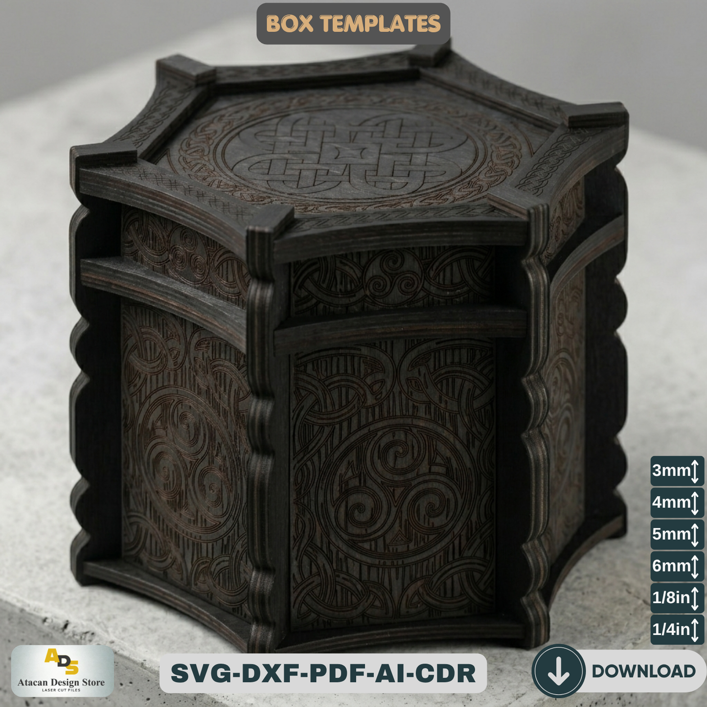 Celtic Hexagon Box Laser Cut File Mythical Jewelry Chest Pattern Wooden Trinket Box Template