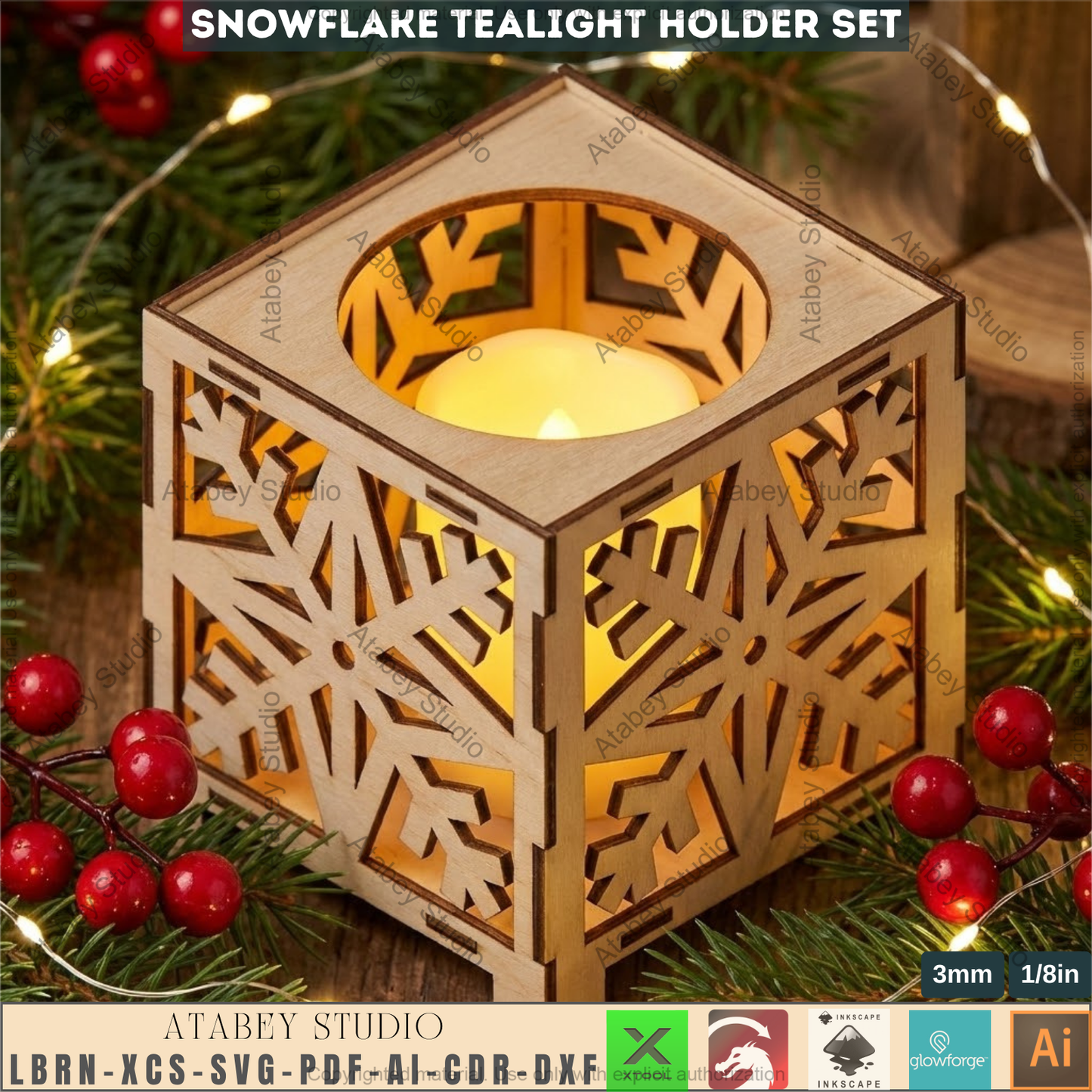 Snowflake Tealight Holder Laser Cut Files, Christmas Lantern Box SVG, Wooden Candle Holders 979