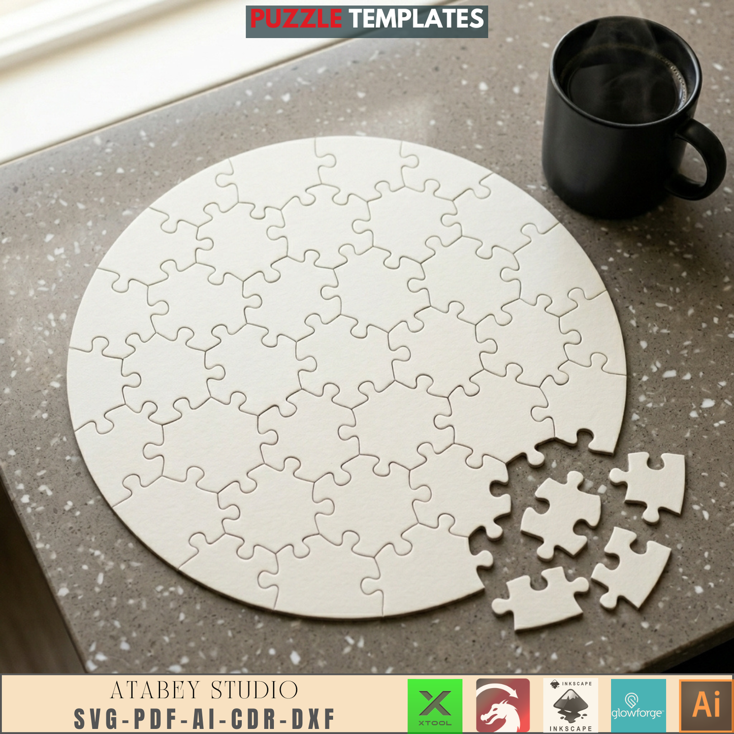 Wooden Laser Cut Jigsaw Puzzle Templates Circle Hexagon Square Shapes Bundle