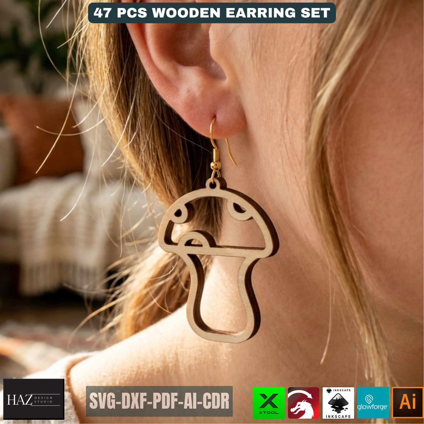 47 Pcs Wooden Earring Laser Cut Templates DIY Jewelry Boho Mushroom Skull Bee Honeycomb