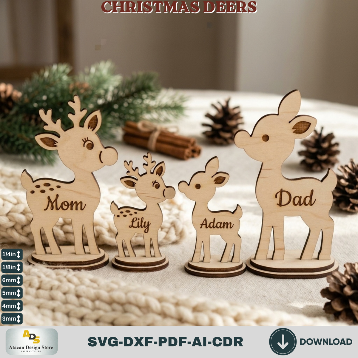 Personalized Reindeer Family Laser Cut Holiday Shelf Decor - Mom Dad Kids Sizes