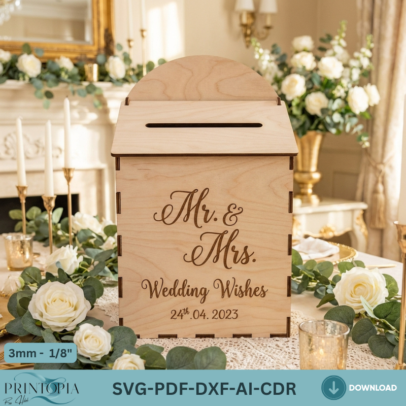 Wedding Card Box Laser Cut Template, Wooden Envelope Money Box Design, Mailbox Pattern, Reception Decor 333