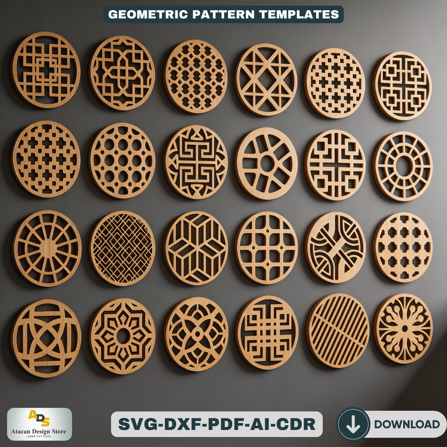 Geometric Wooden Coasters / Round Wall Decor Pattern Set / Modern Home Decoration LaserCut Files  464