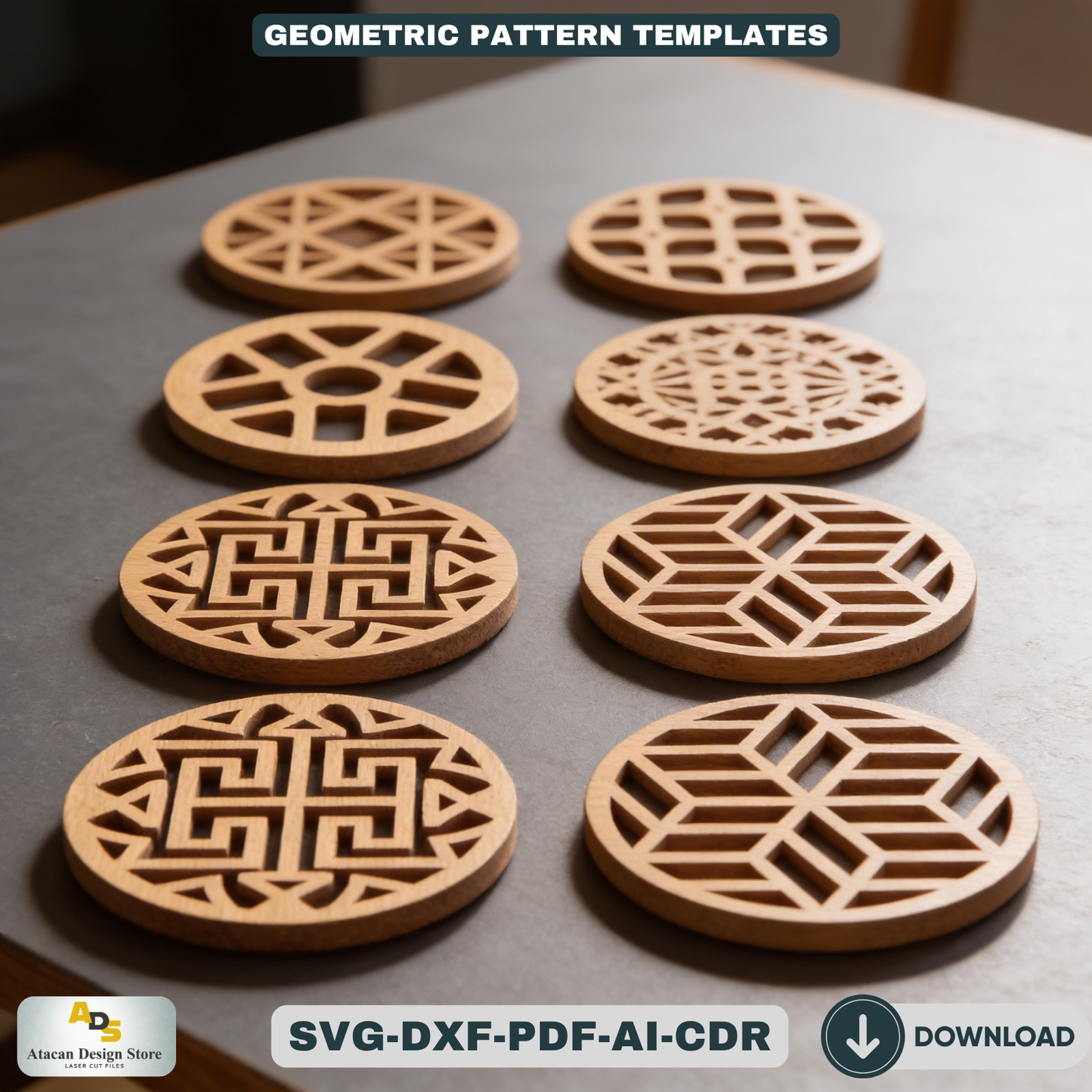 Geometric Wooden Coasters / Round Wall Decor Pattern Set / Modern Home Decoration LaserCut Files  464