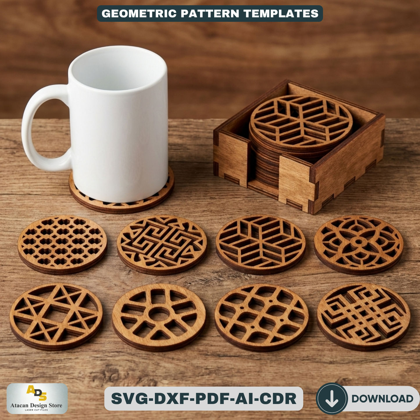 Geometric Wooden Coasters / Round Wall Decor Pattern Set / Modern Home Decoration LaserCut Files  464