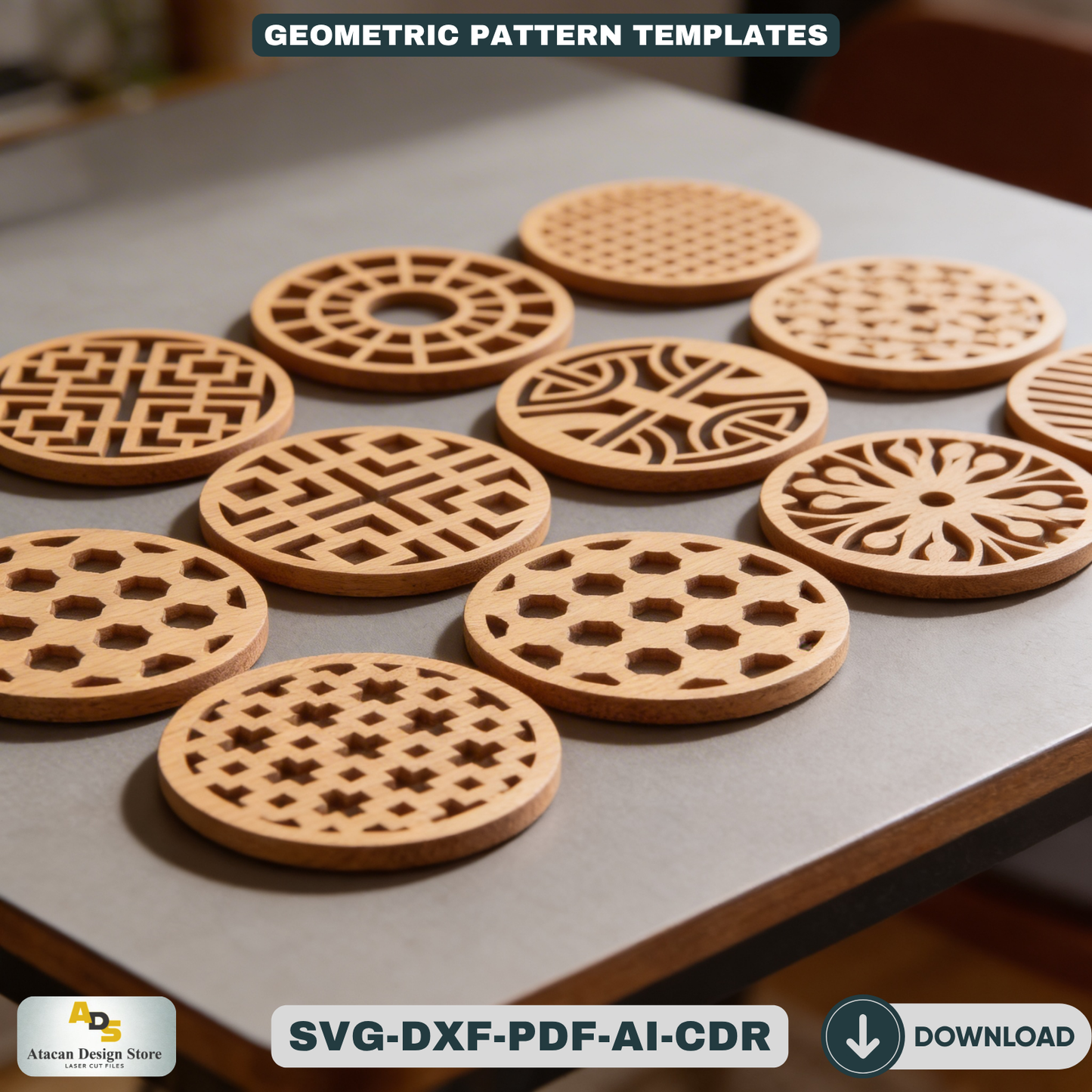 Geometric Wooden Coasters / Round Wall Decor Pattern Set / Modern Home Decoration LaserCut Files  464