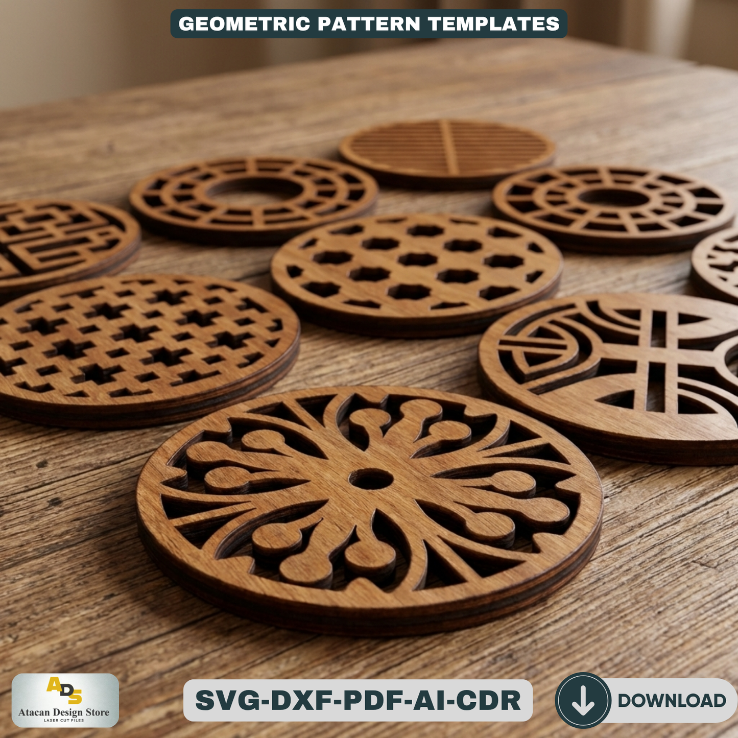 Geometric Wooden Coasters / Round Wall Decor Pattern Set / Modern Home Decoration LaserCut Files  464