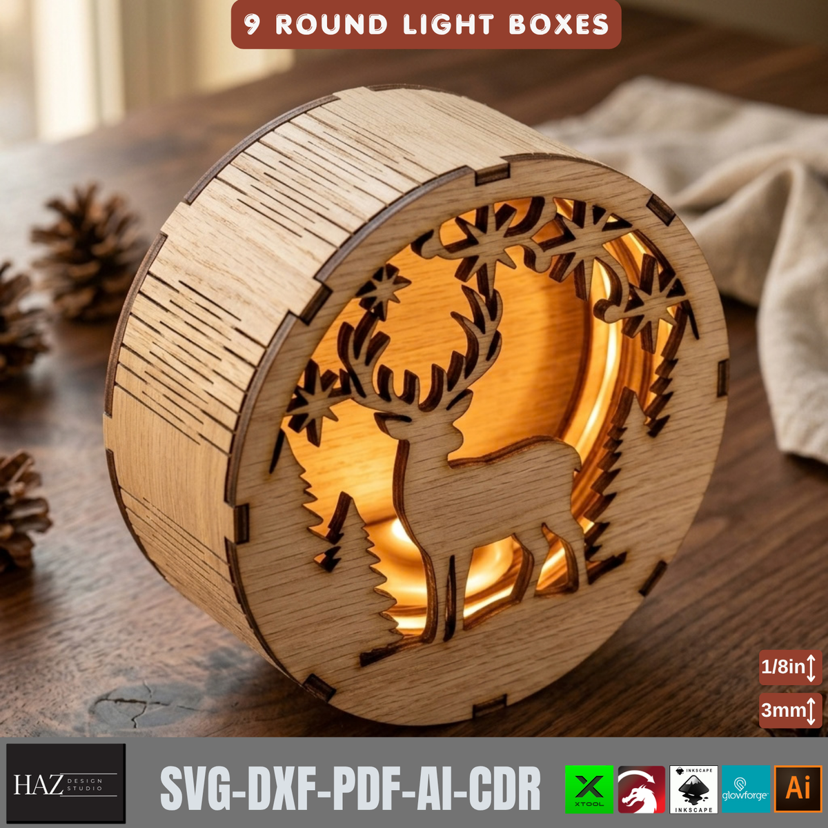 9 Round Christmas Light Box SVG Laser Cut Files – Tealight Holiday Decor