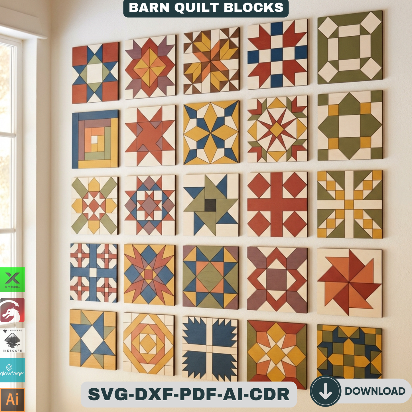 Barn Quilt Blocks, Geometric Patchwork Wall Patterns, DIY Wood Sign Mosaic Decor 937