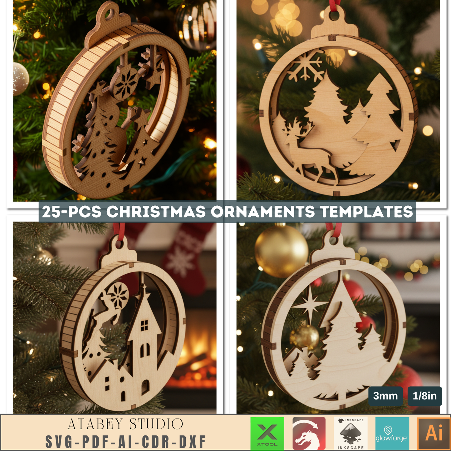 25 Christmas Ornament Templates for Laser Cutting | Round Xmas Bauble Designs | Holiday Tree Hanging Decor Craft Pattern
