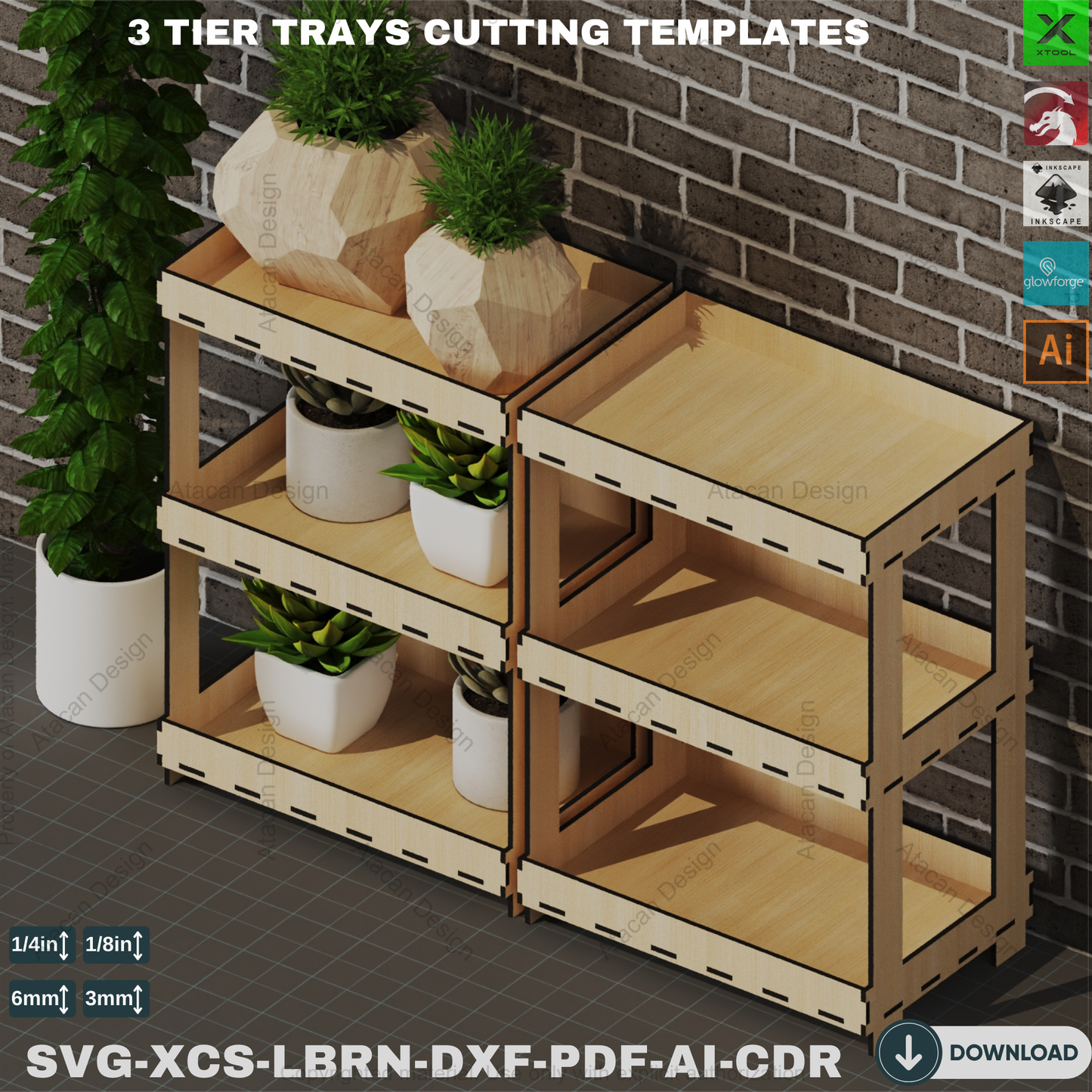 Laser Cut 3 & 2 Tier Display Shelves  Wood Files,Versatile Tiered Shelving - Woodworking Plans,DIY Multi-Tier Shelf  Laser Cut SVG Files 834