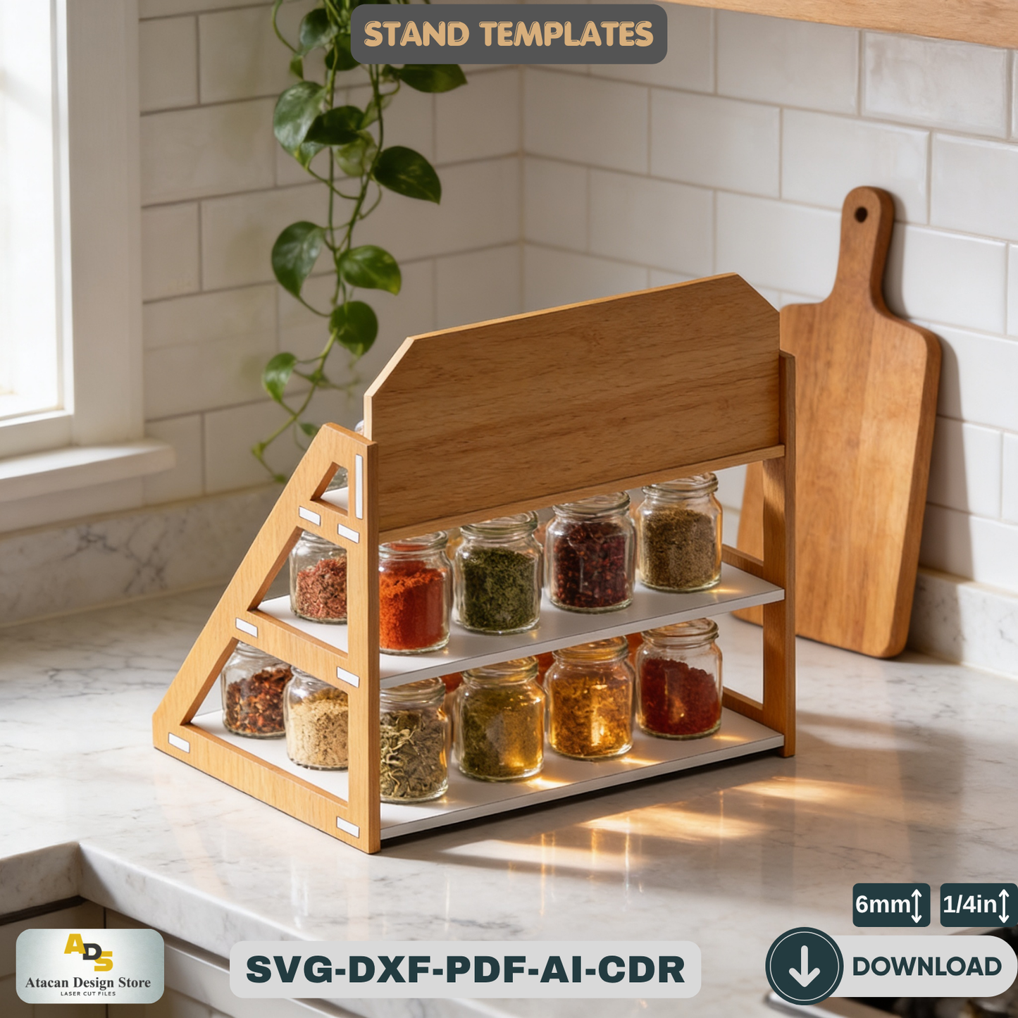 Tiered Spice Rack Laser Cut Template Kitchen Shelf Organizer Plan Tier Display Stand Plywood Design Maker Project