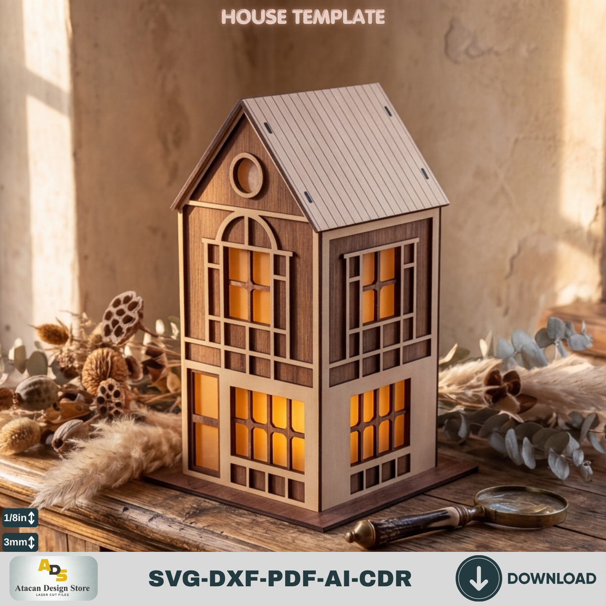 DIY Wooden House Luminary Template | Laser Cut Miniature Village | Table Lamp Design 885