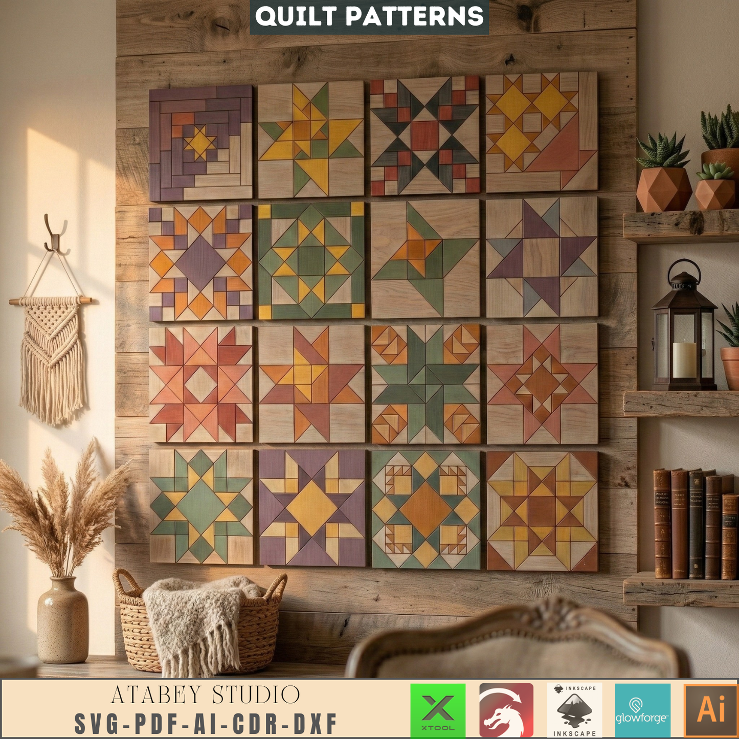 Quilt Block Patterns Geometric Wall Art Mosaic Panel DIY Patchwork Craft Blueprints 990