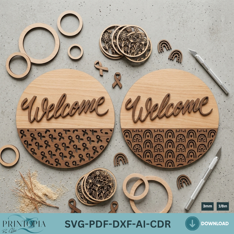 Welcome Sign Laser Cut Templates, Patterned Door Hangers, Round Plywood Wall Decor Bundle