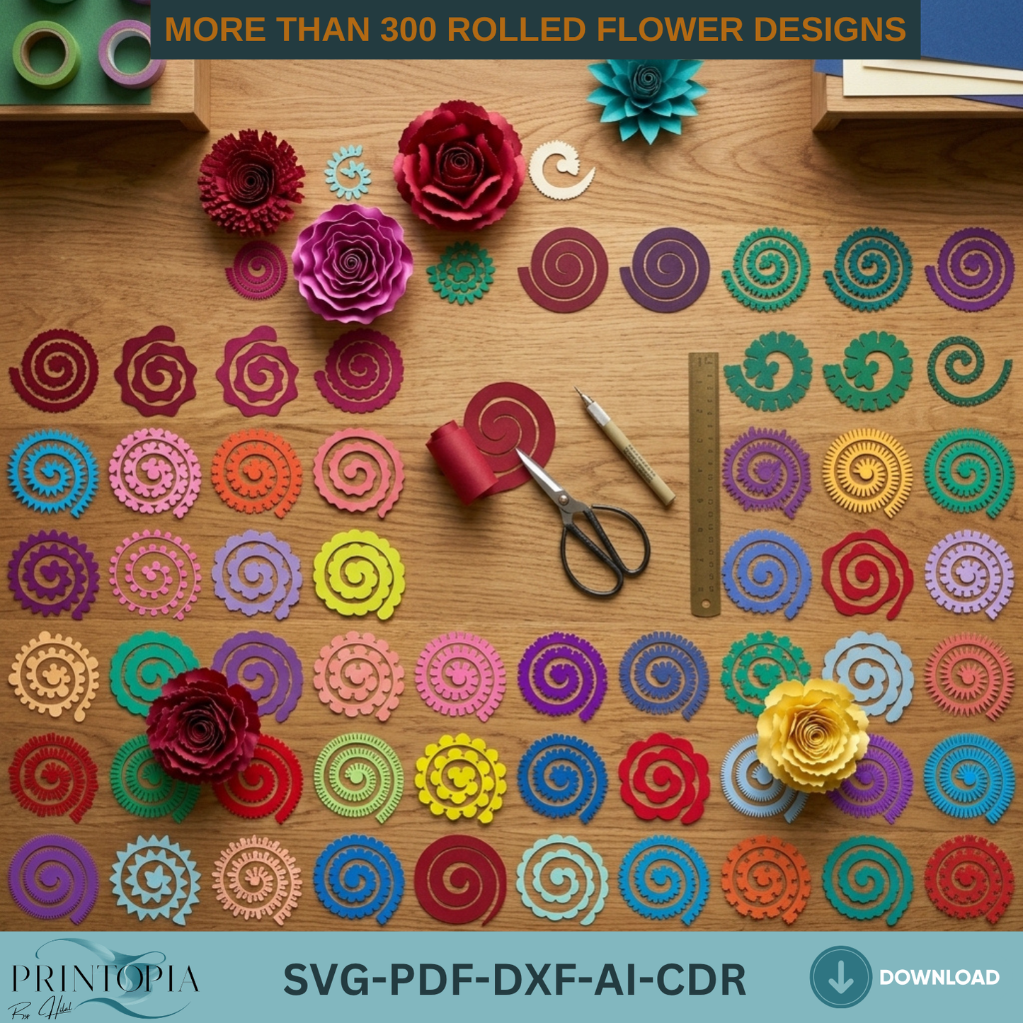 300+ Rolled Flower Bundle, 3D Paper Rose, DIY Craft Template, Instant Download