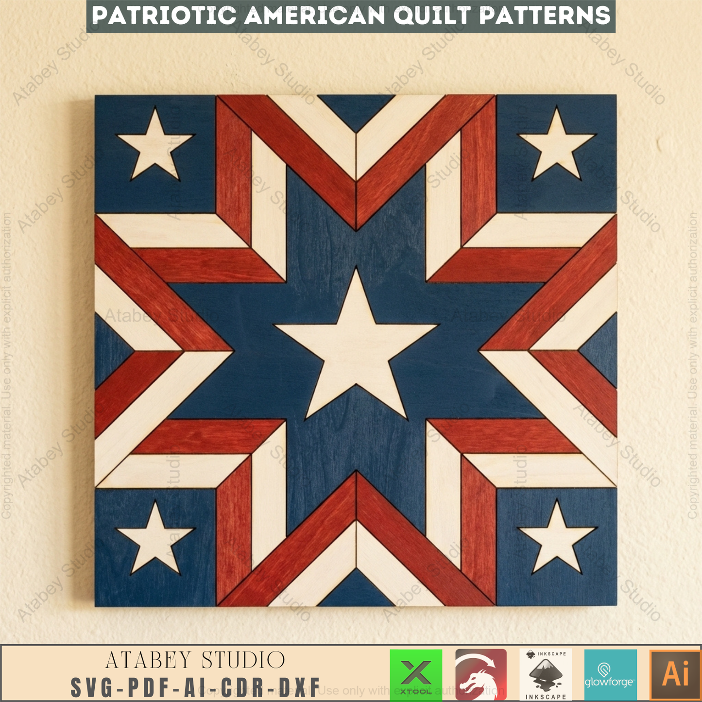 Patriotic Americana Barn Quilt Wood Laser Cut Pattern Fourth of July Wall Art Independence Day USA Star 996
