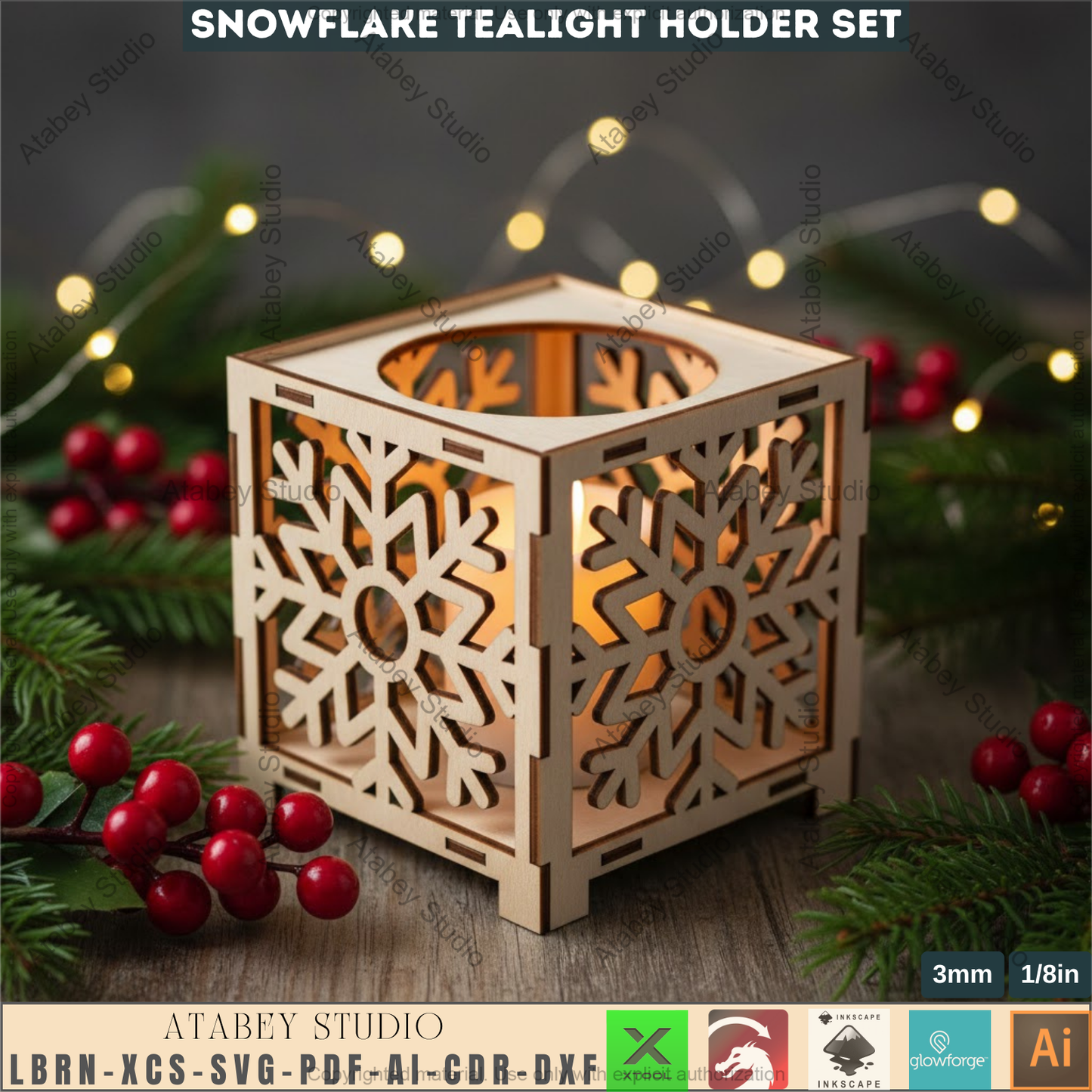 Snowflake Tealight Holder Laser Cut Files, Christmas Lantern Box SVG, Wooden Candle Holders 979