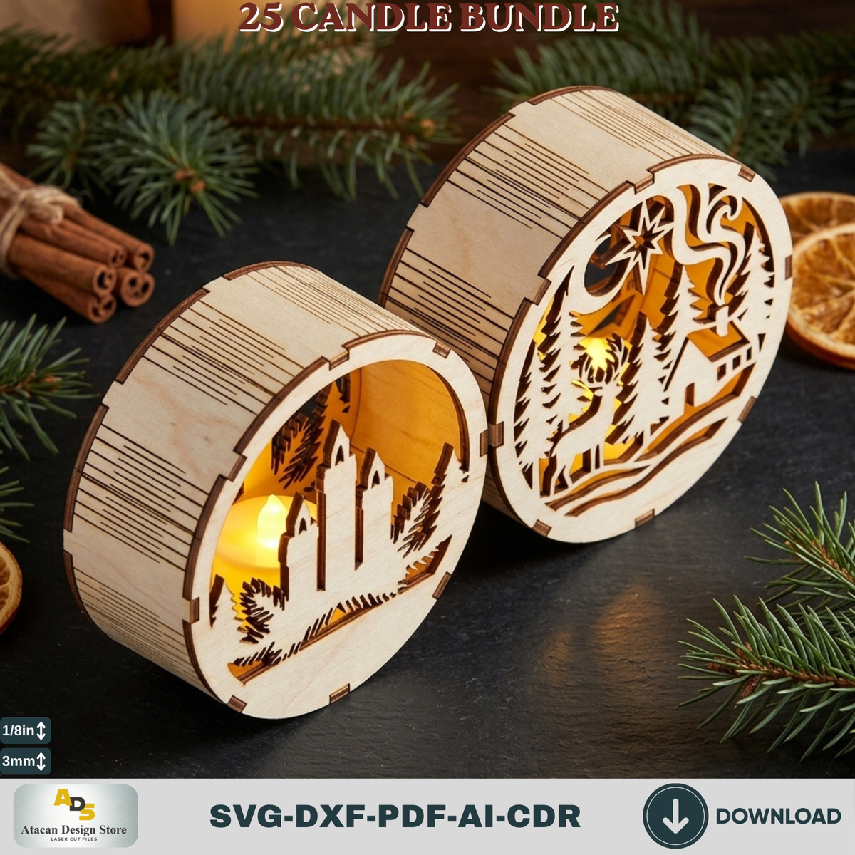 Christmas Tealight Candle Holder Bundle, 25 Laser Cut Round Lantern Templates, Xmas Glowforge Decor