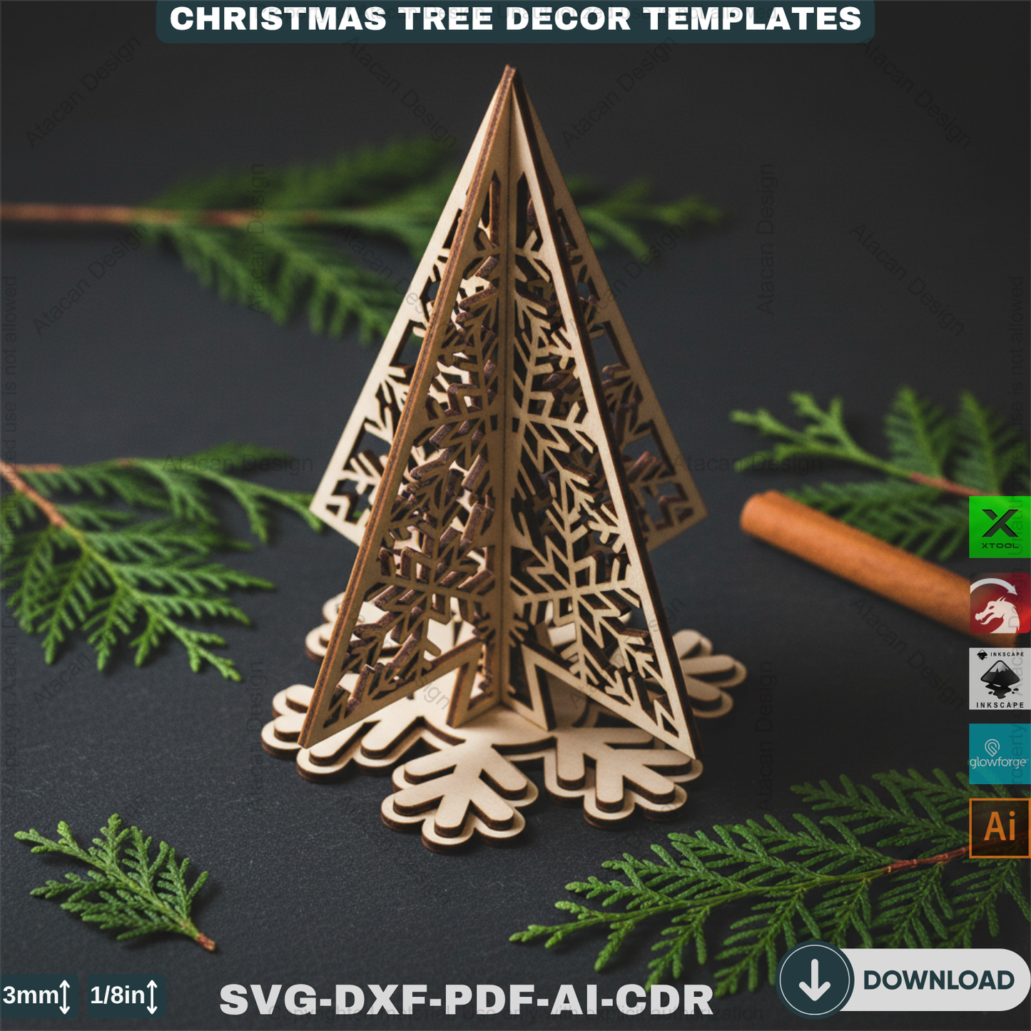 Christmas Ornament Tree With Pattern Laser Cut Files, Festive Holiday Shelf Sitter, Wooden Tabletop Decor Trees 912