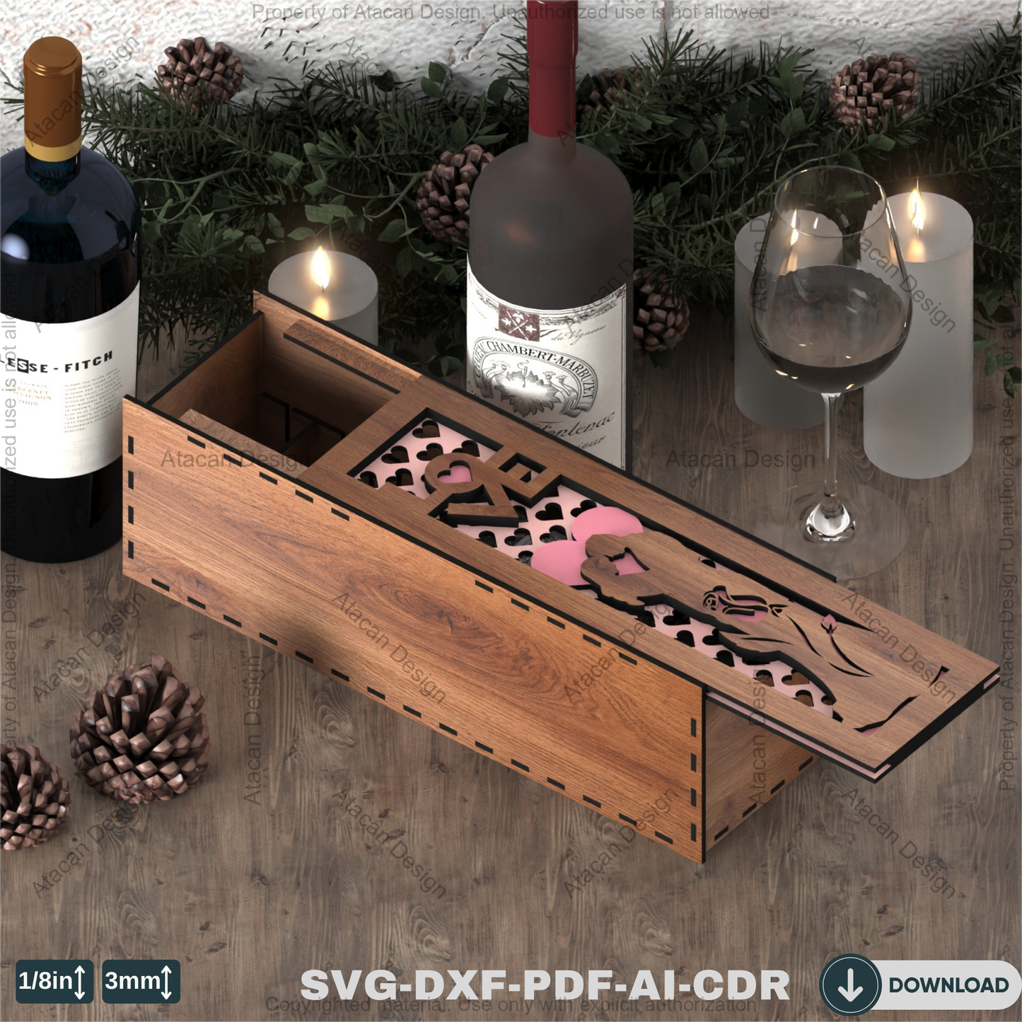 Laser Cut Wooden Wine Bottle Box – Love and Artistic Women Theme for Special Occasions 801