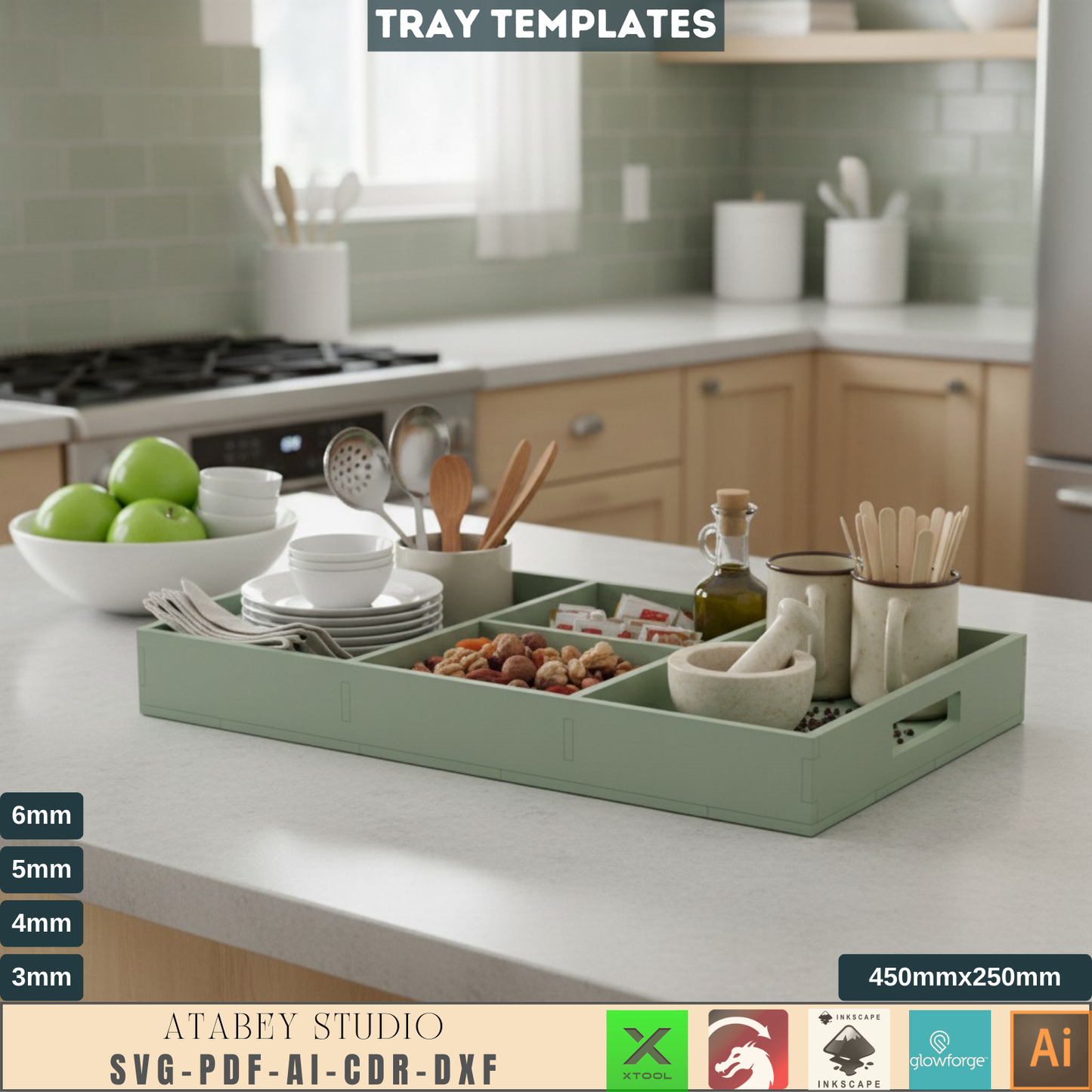 Laser Cut Organizer Tray SVG, Kitchen Storage Box DXF, DIY Craft Project, Digital File for Wood Serving Tray