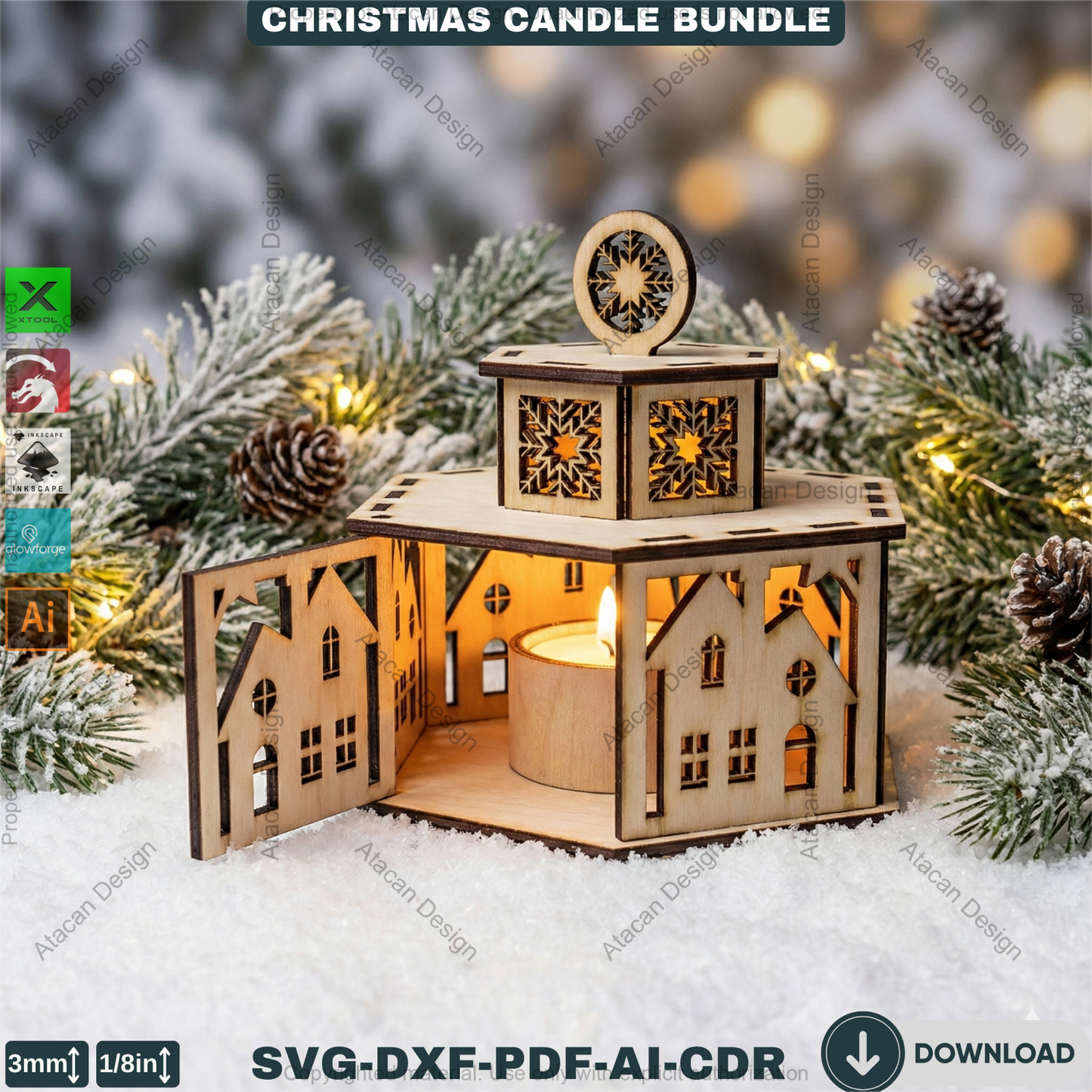 Christmas Candle Holders - Lanterns With Lid - Tealight Laser Cut Lamp Designs - Night Light Decoration 922