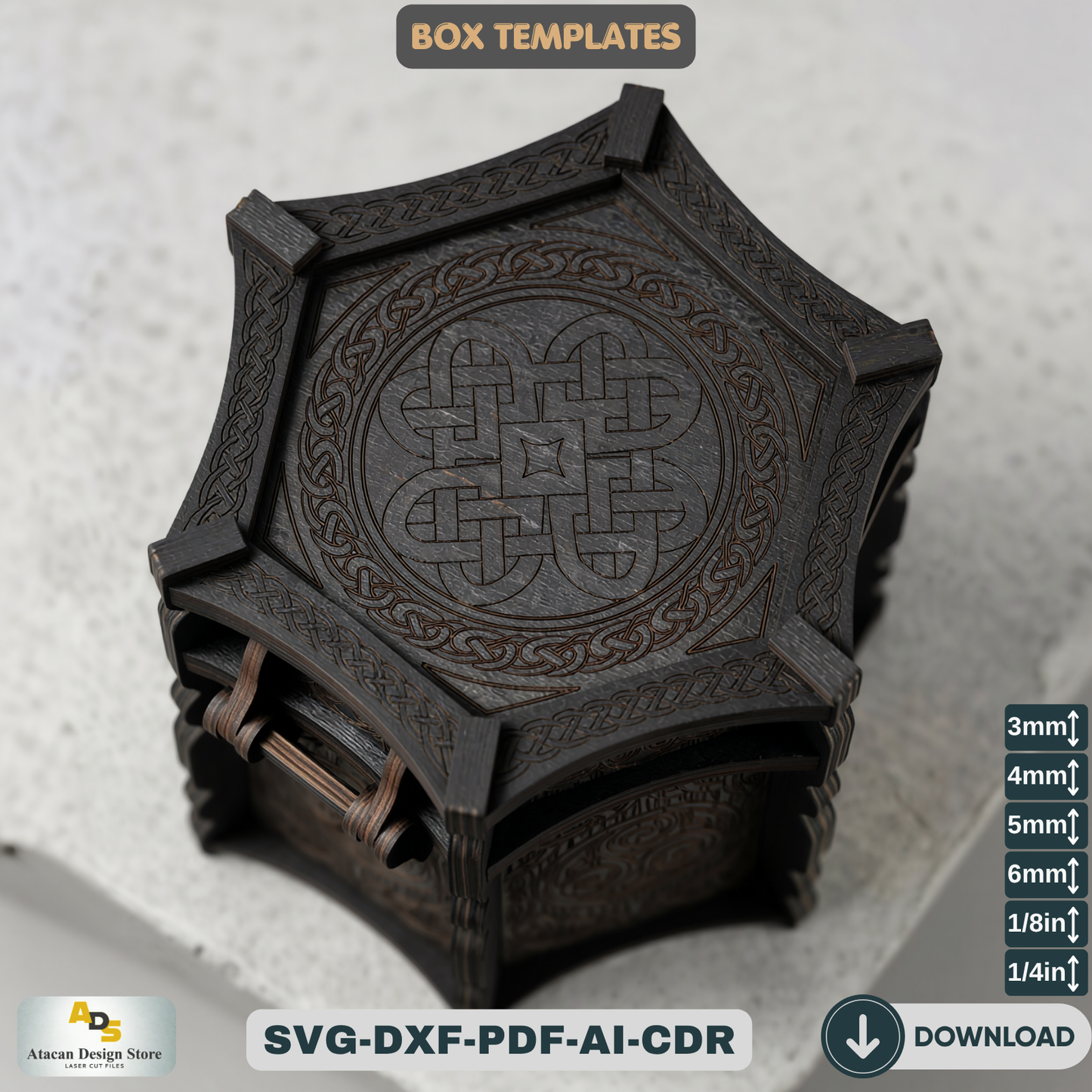 Celtic Hexagon Box Laser Cut File Mythical Jewelry Chest Pattern Wooden Trinket Box Template