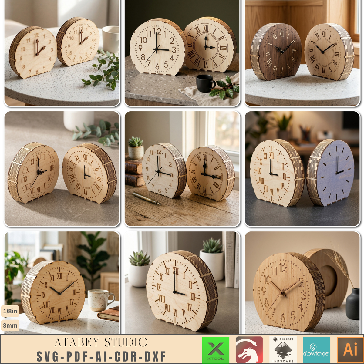 Laser Cut Wooden Table Clock Bundle, 10 Living Hinge Designs, Modern DIY Desk Clock Patterns