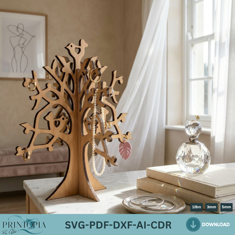 Jewellery Stand Laser Files, Ring Display Holder , Jewellery Organiser Digital cut files, Glowforge Earring Stand cutting Template 329