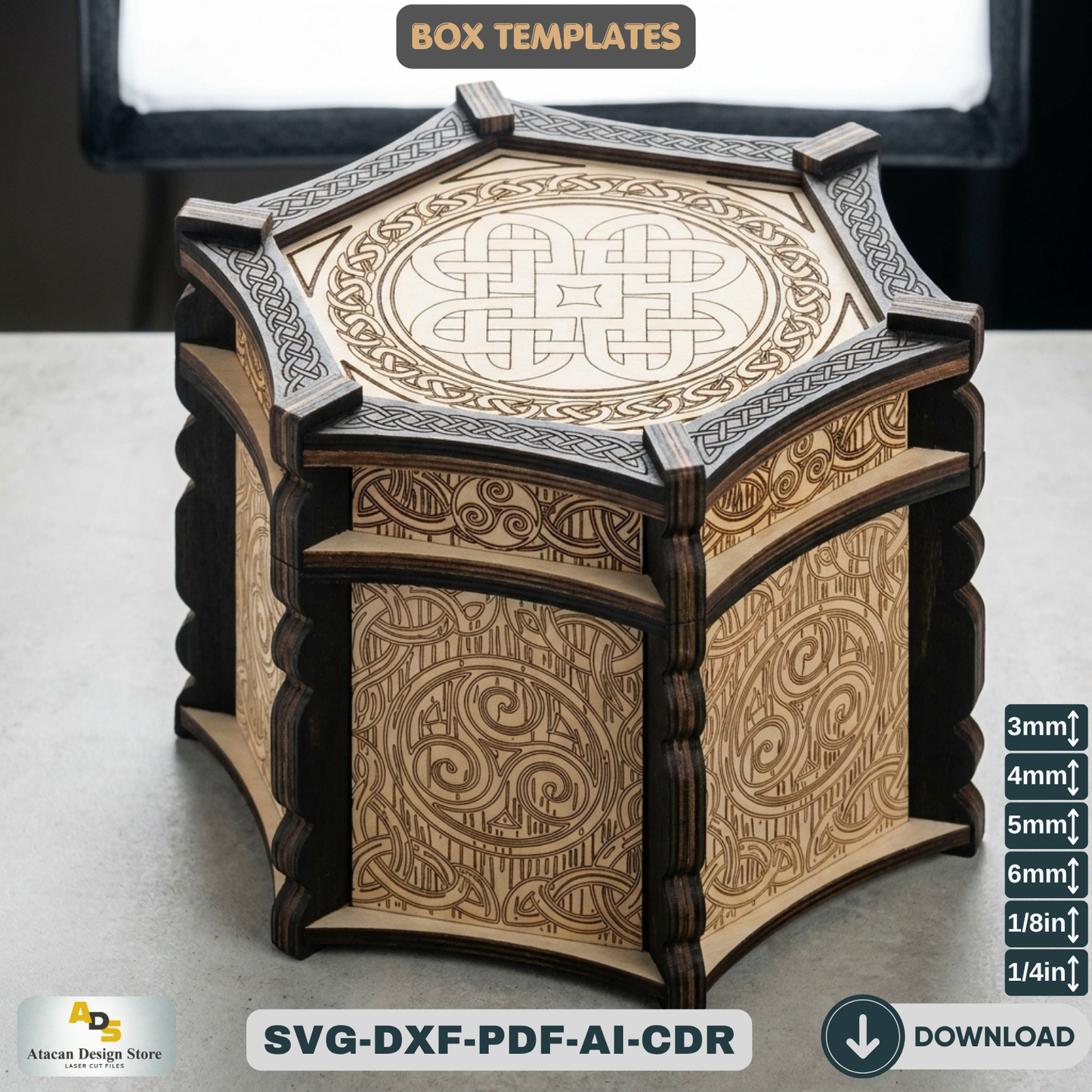 Celtic Hexagon Box Laser Cut File Mythical Jewelry Chest Pattern Wooden Trinket Box Template