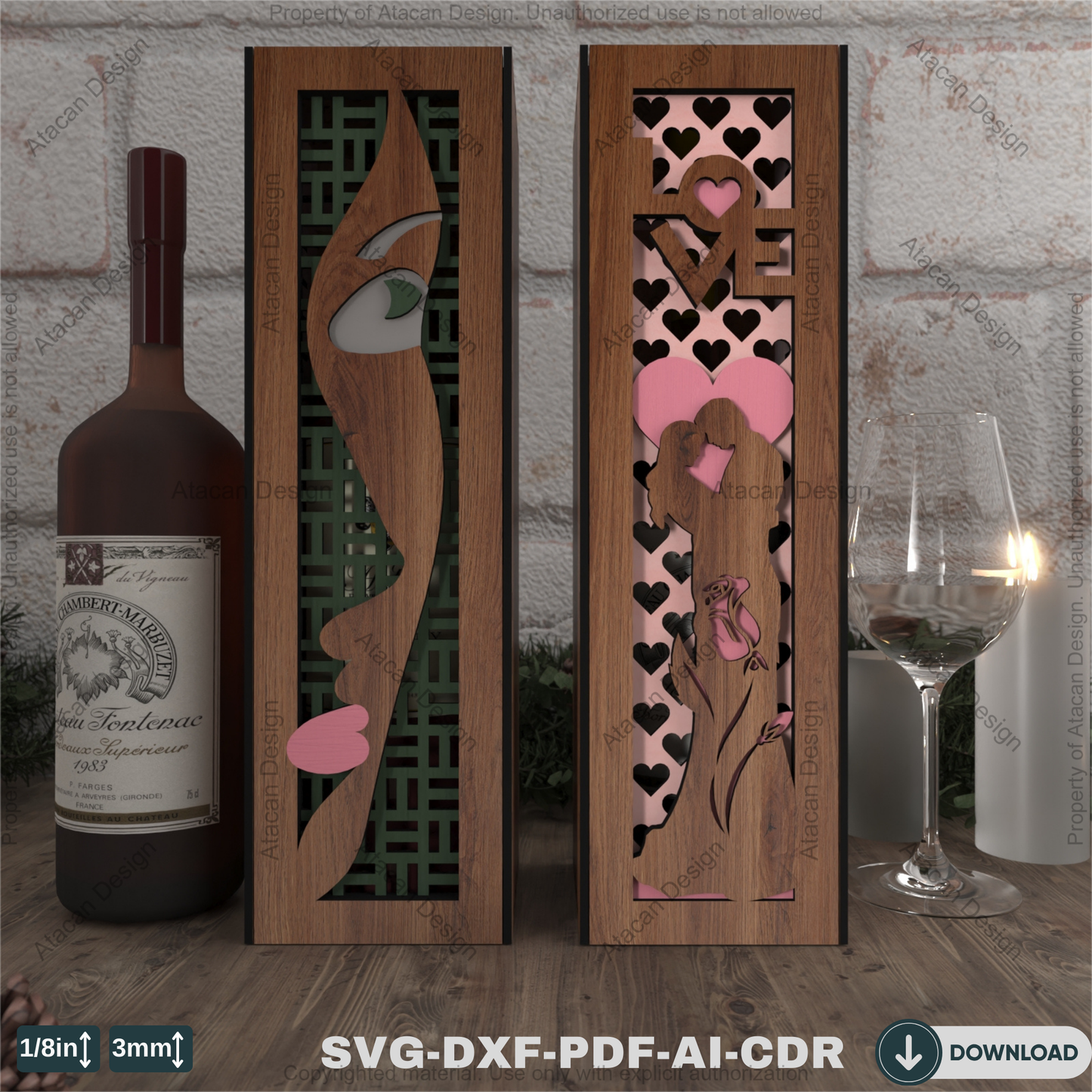 Laser Cut Wooden Wine Bottle Box – Love and Artistic Women Theme for Special Occasions 801