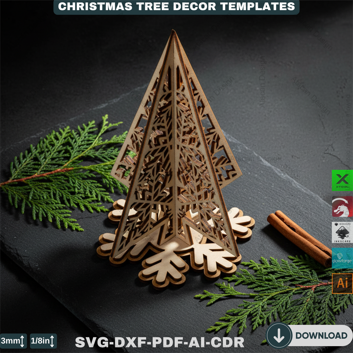 Christmas Ornament Tree With Pattern Laser Cut Files, Festive Holiday Shelf Sitter, Wooden Tabletop Decor Trees 912