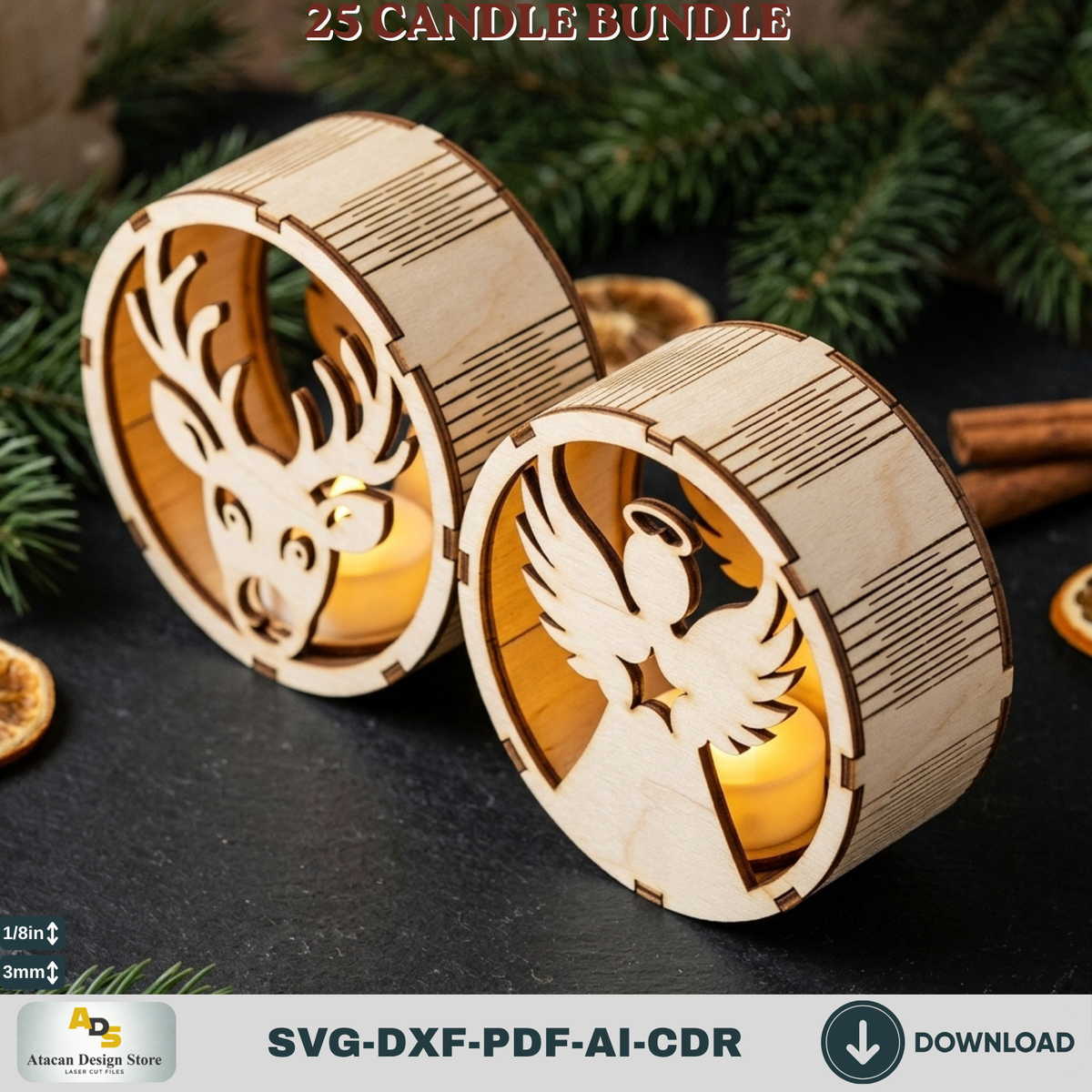 Christmas Tealight Candle Holder Bundle, 25 Laser Cut Round Lantern Templates, Xmas Glowforge Decor