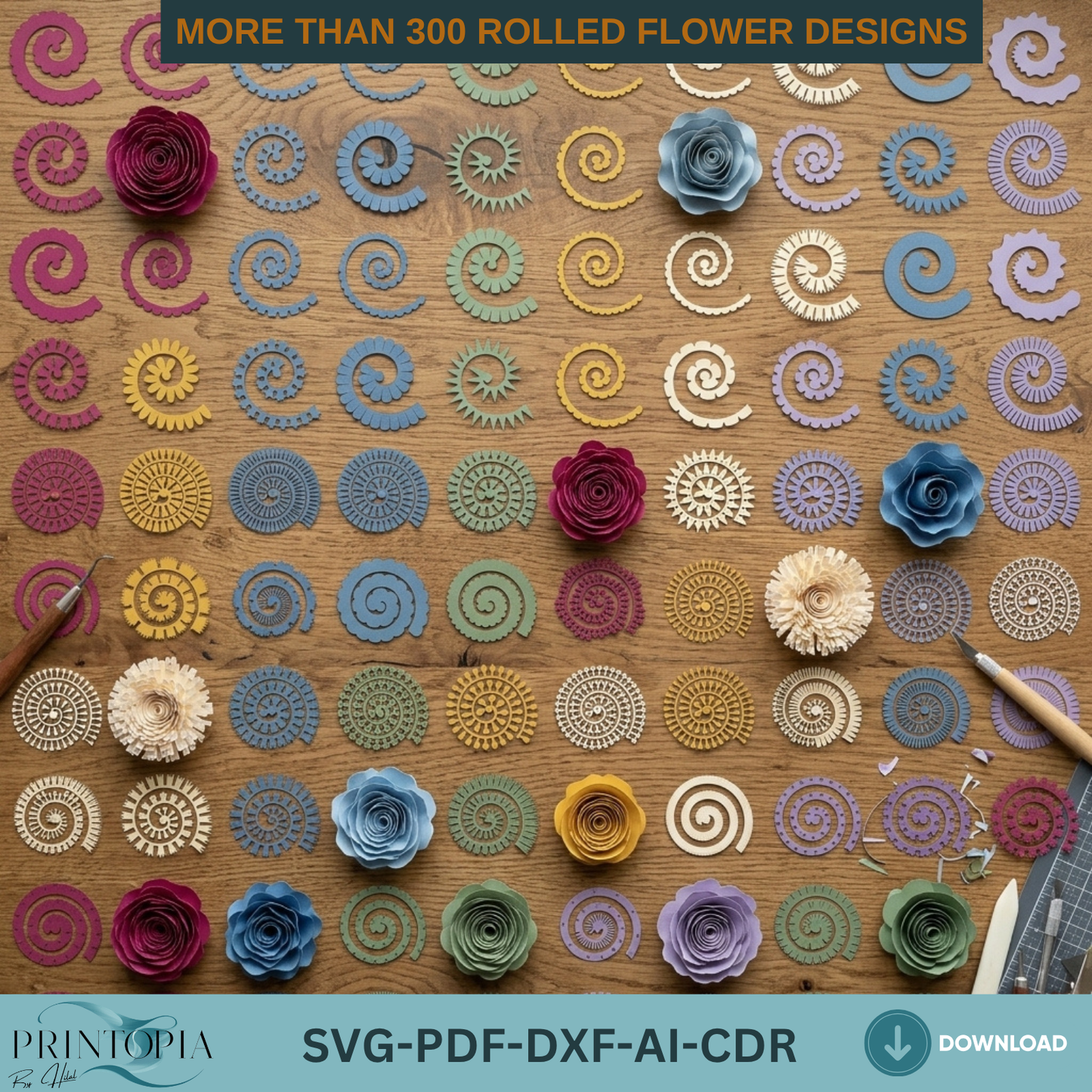 300+ Rolled Flower Bundle, 3D Paper Rose, DIY Craft Template, Instant Download