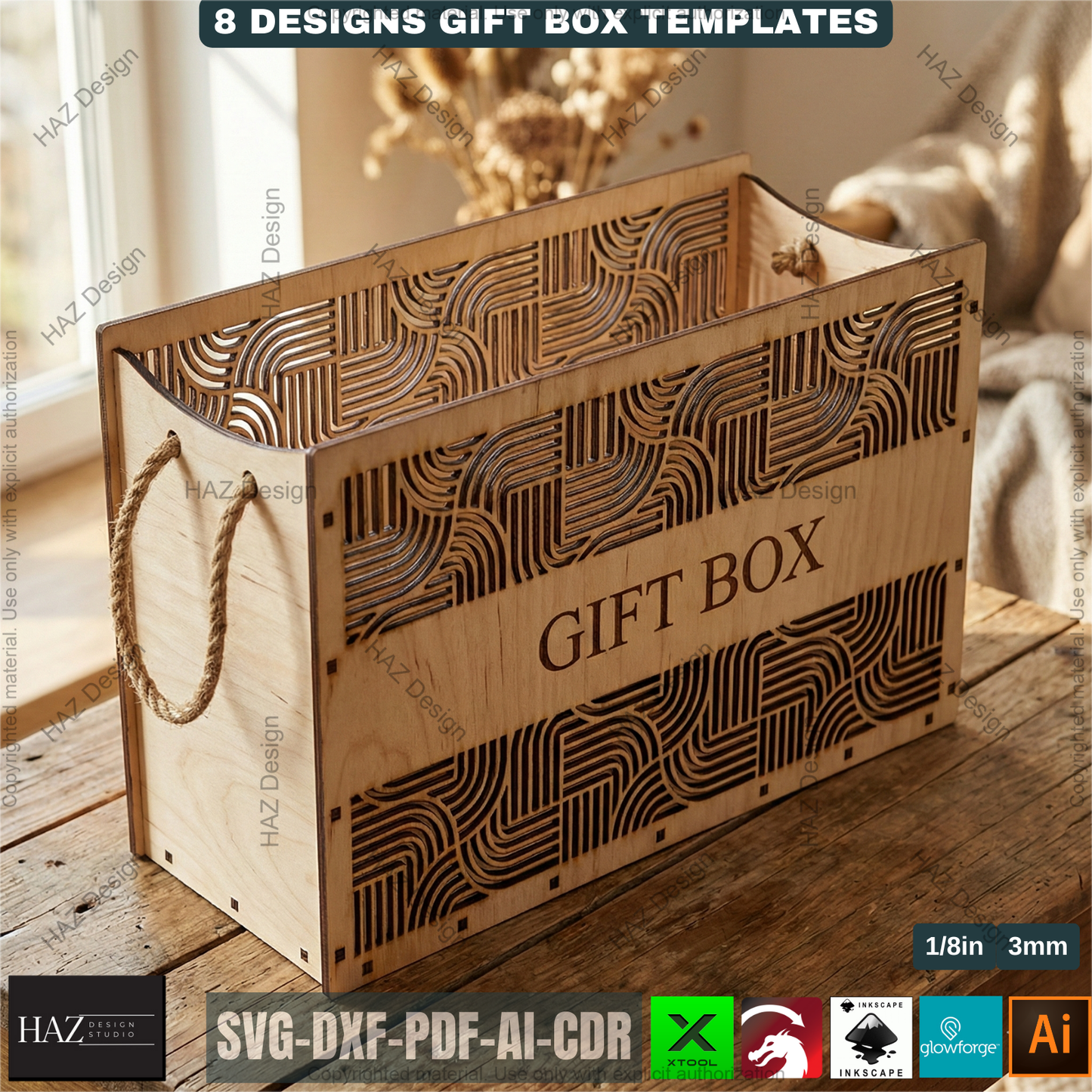8 Laser Cut Gift Box Templates, Wooden Storage Crate Pattern, Decorative Plywood Basket, DIY Wedding Hamper, Laser Ready Cut Files 511