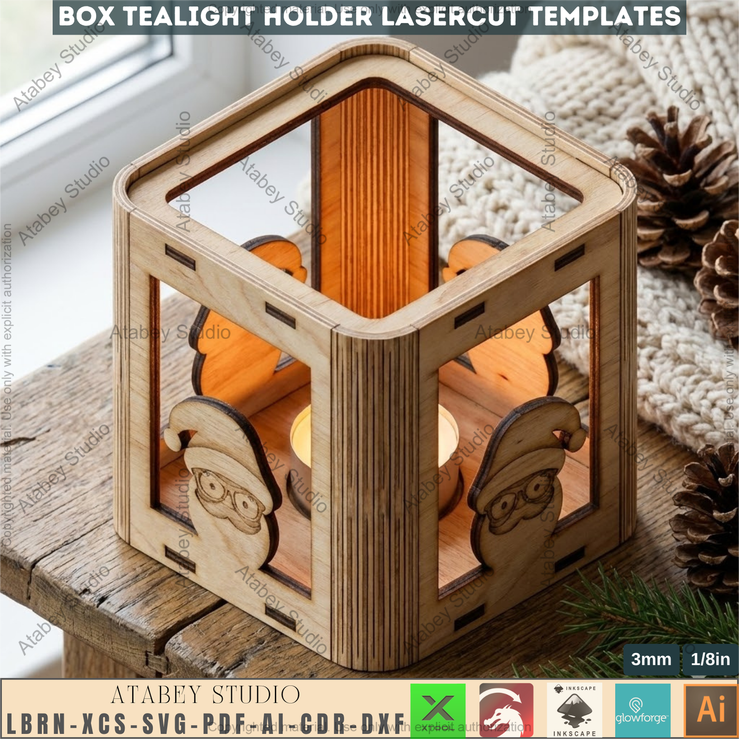 Christmas Laser Cut Tealight Holder, Santa Lantern Box Template, Living Hinge Candle Stand, Holiday Table Decor 974