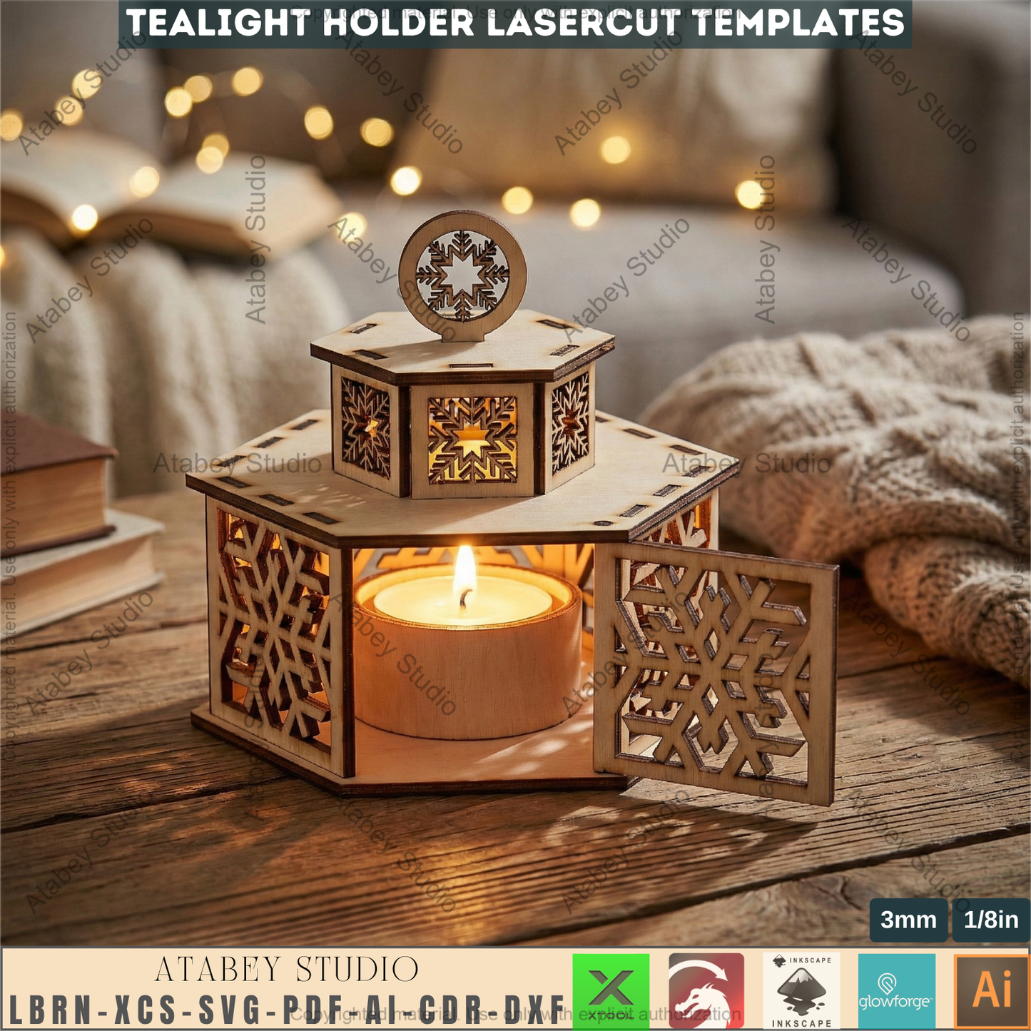 Christmas Tealight Holders with Lid / Lantern Laser Cut Files / Tabletop Candles / New Year Decor 976