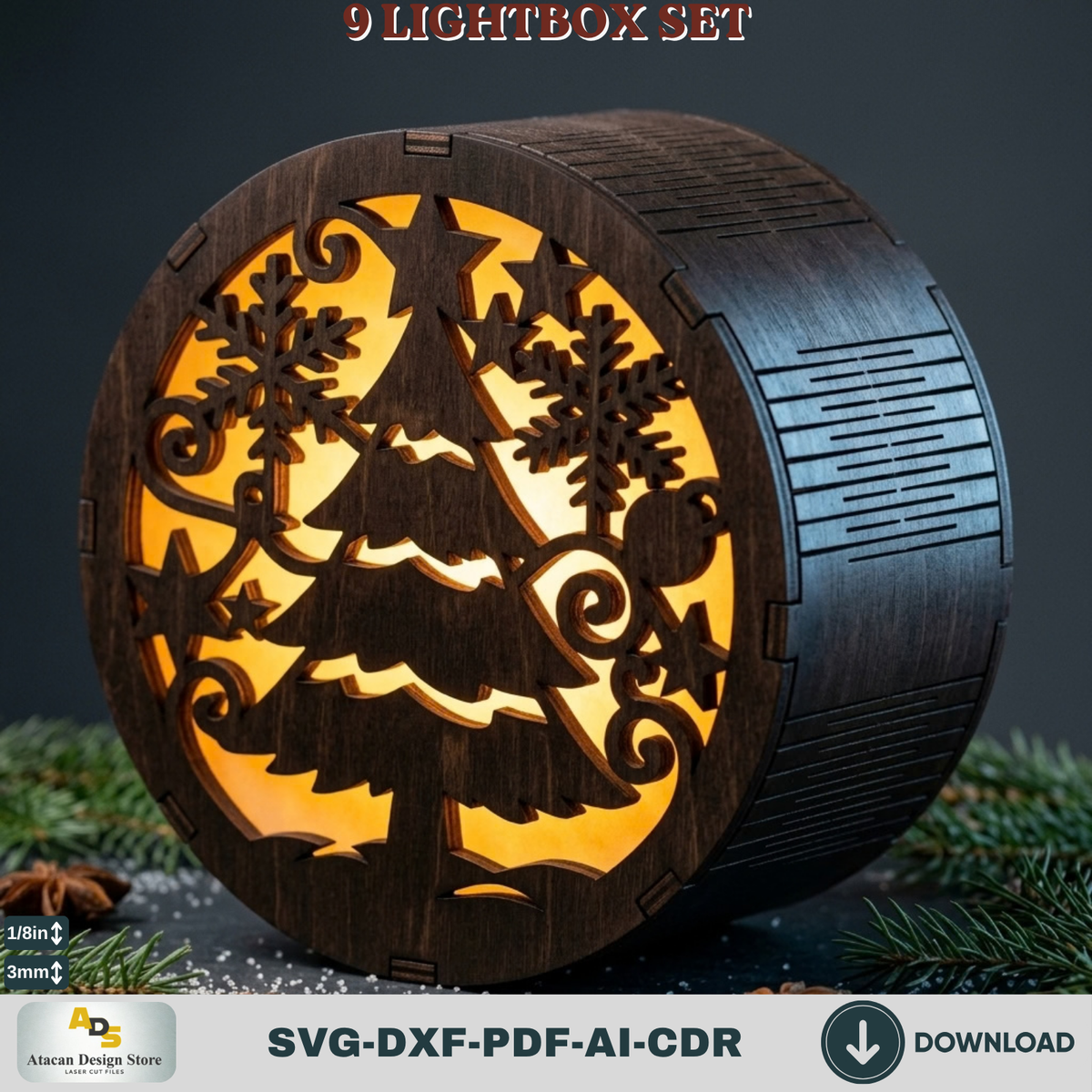 9 Winter Scene Lightbox Laser Cut Bundle Round Christmas Shadow Box Template