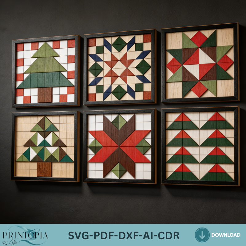 Christmas Quilt Block Laser Cut Patterns Wood Wall Art Bundle Holiday Snowflake Tree Star Decor