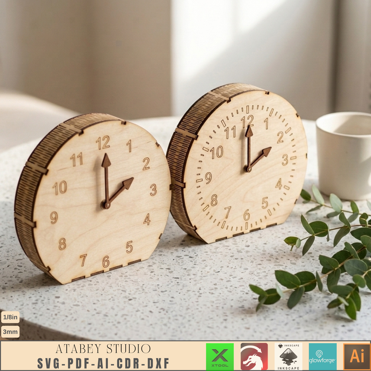 Laser Cut Wooden Table Clock Bundle, 10 Living Hinge Designs, Modern DIY Desk Clock Patterns