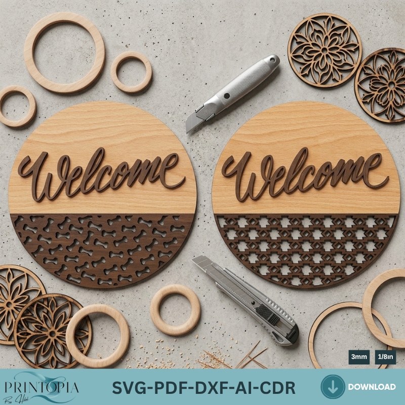 Welcome Sign Laser Cut Templates, Patterned Door Hangers, Round Plywood Wall Decor Bundle