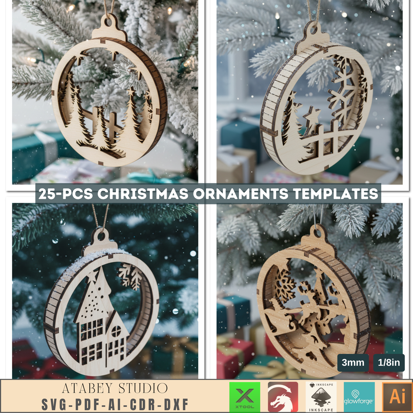 25 Christmas Ornament Templates for Laser Cutting | Round Xmas Bauble Designs | Holiday Tree Hanging Decor Craft Pattern