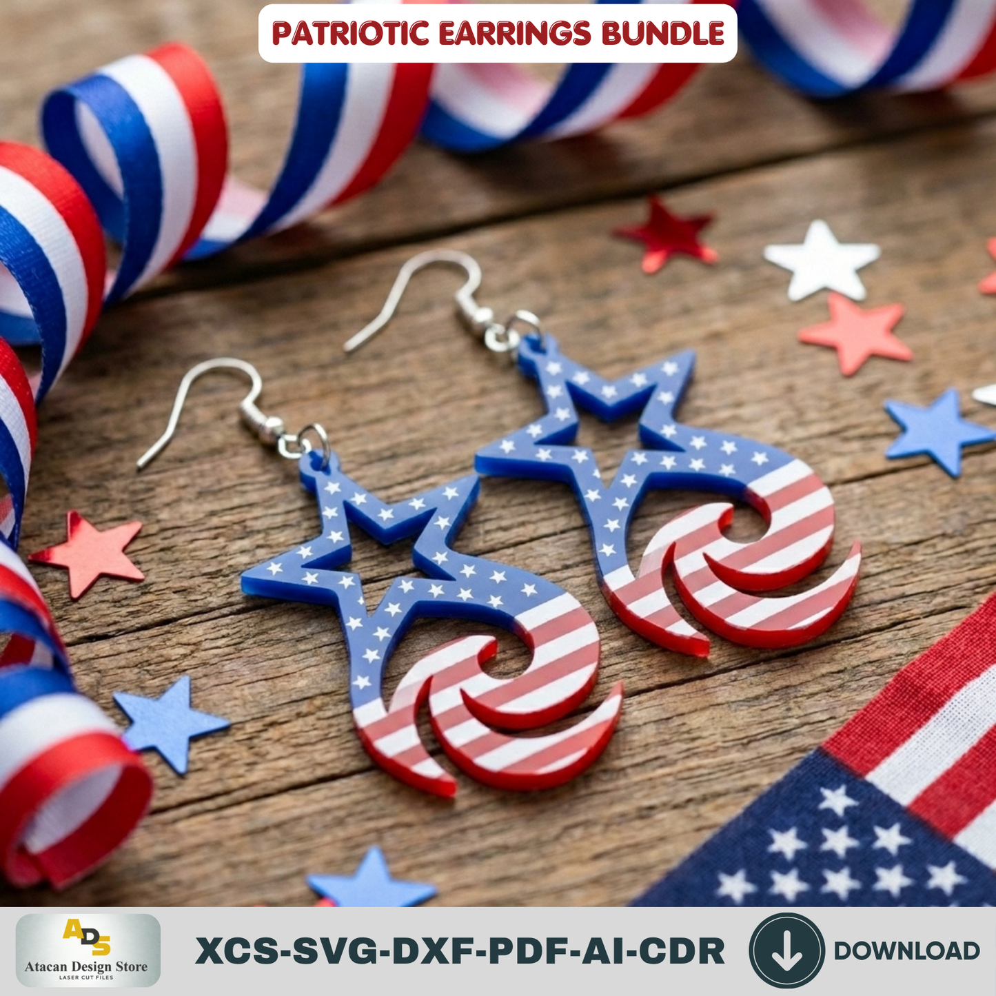 Patriotic Earrings Laser Cut Files, 4th of July USA Flag Jewelry Template, Veteran Gift