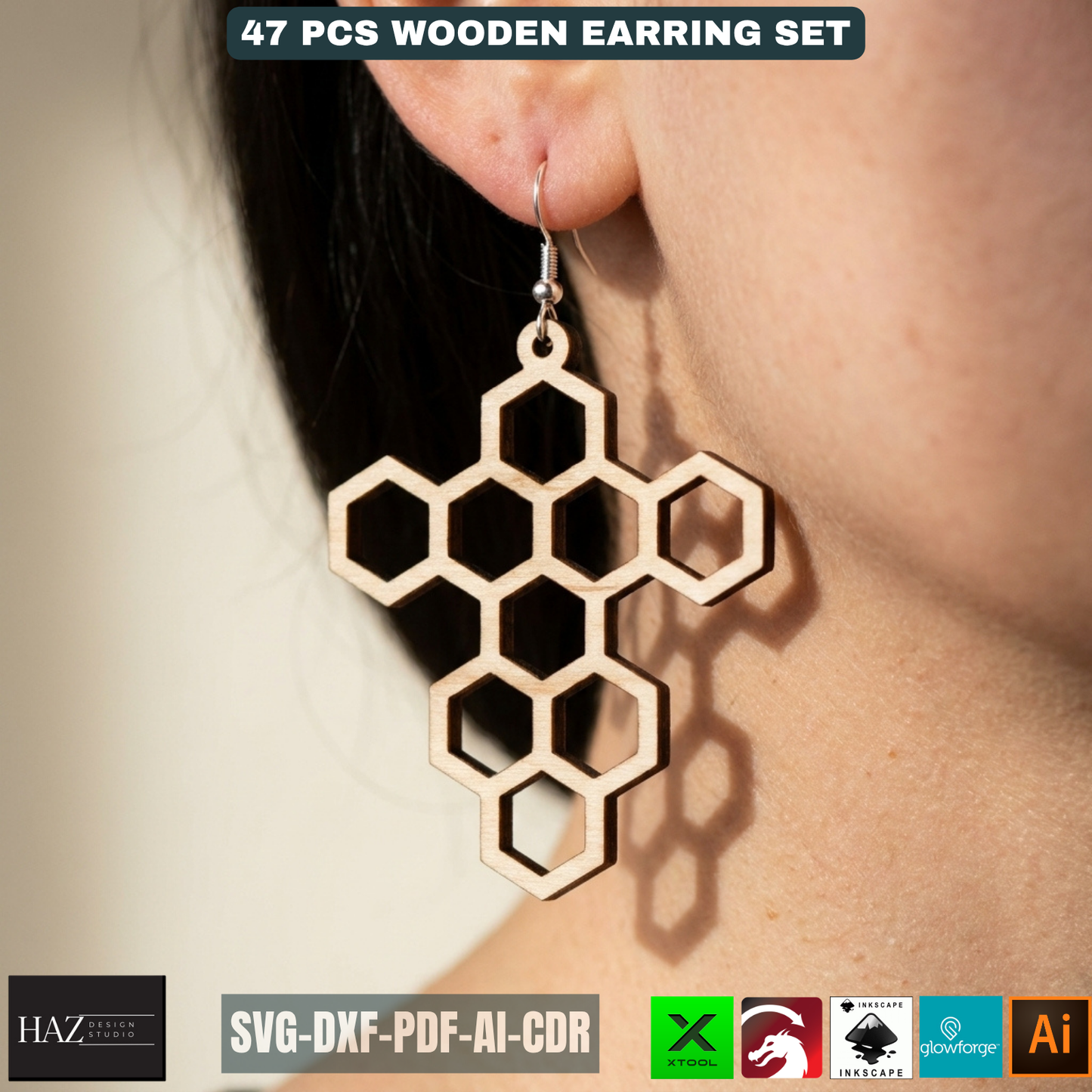 47 Pcs Wooden Earring Laser Cut Templates DIY Jewelry Boho Mushroom Skull Bee Honeycomb