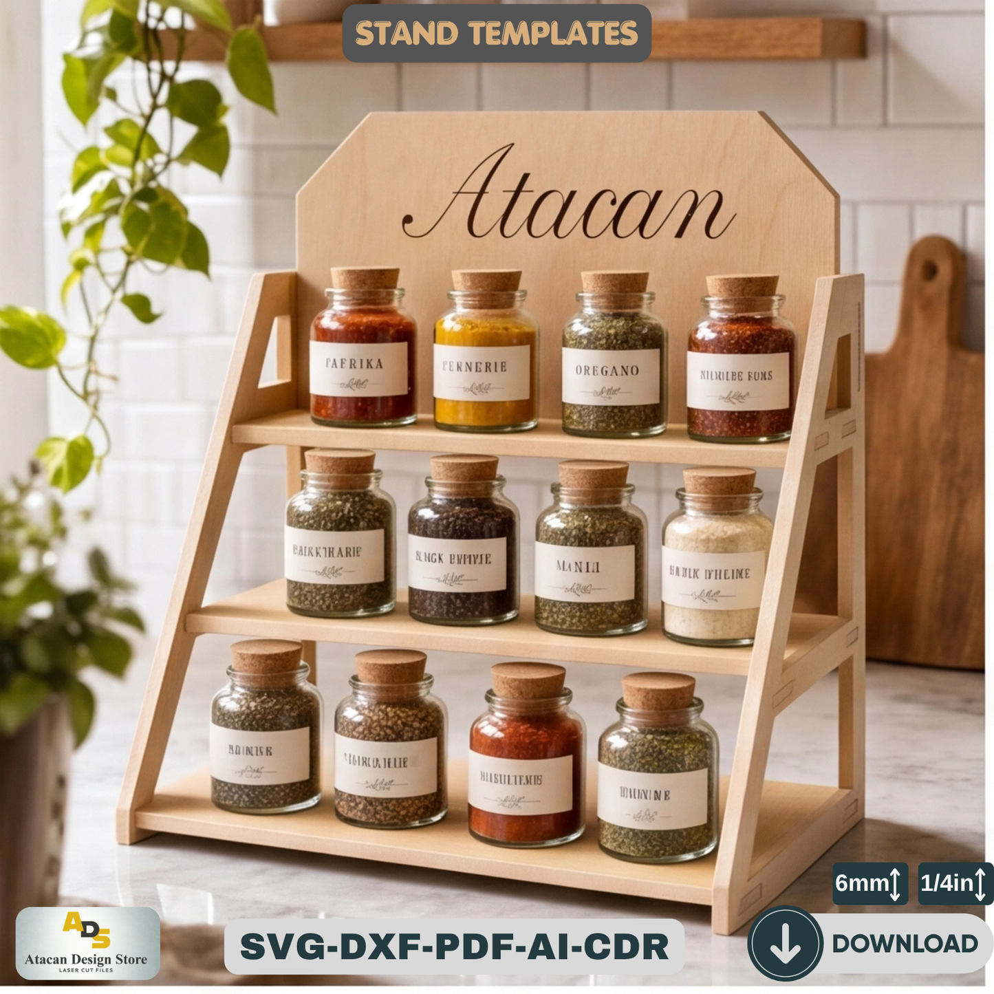 Tiered Spice Rack Laser Cut Template Kitchen Shelf Organizer Plan Tier Display Stand Plywood Design Maker Project