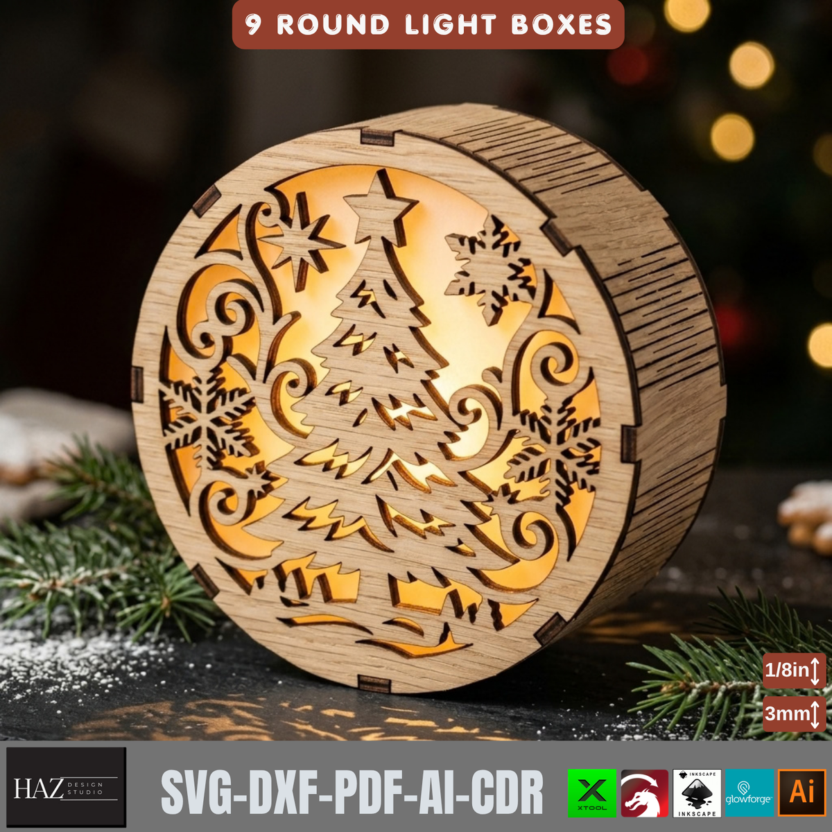 9 Round Christmas Light Box SVG Laser Cut Files – Tealight Holiday Decor