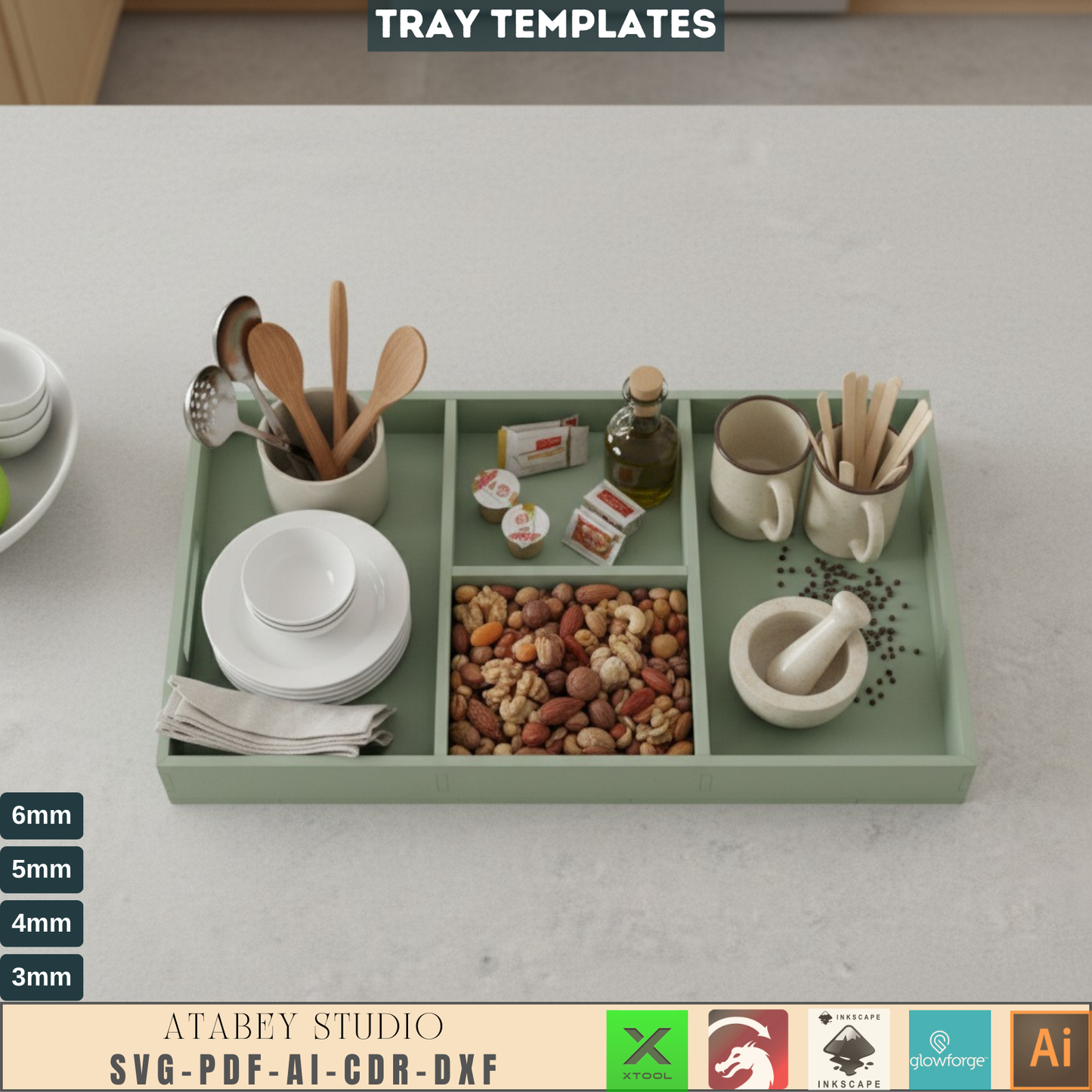 Laser Cut Organizer Tray SVG, Kitchen Storage Box DXF, DIY Craft Project, Digital File for Wood Serving Tray