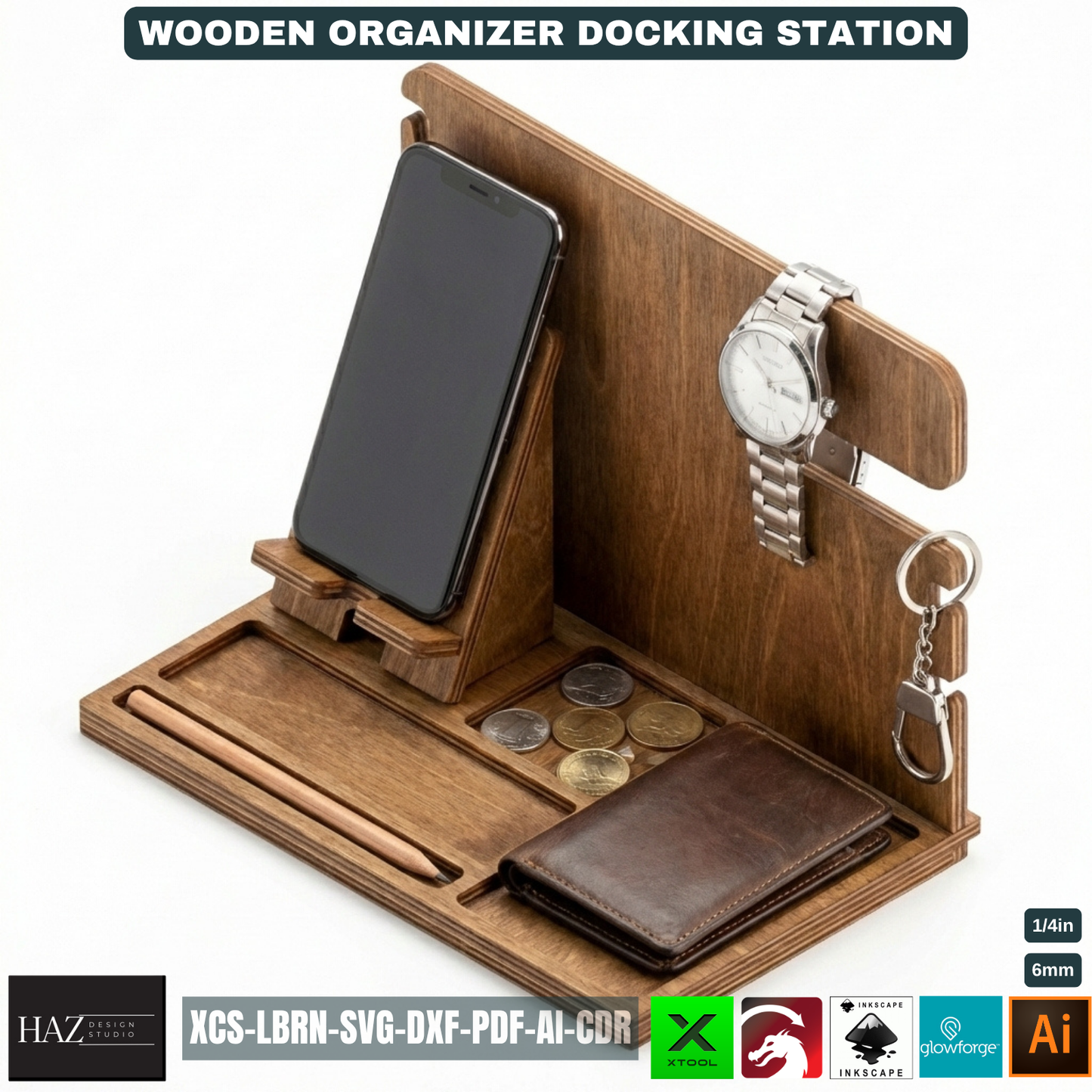Personalized Wood Docking Station Desk Organizer Mens Gift Idea Phone Stand Bedside Nightstand Catchall Tray 529